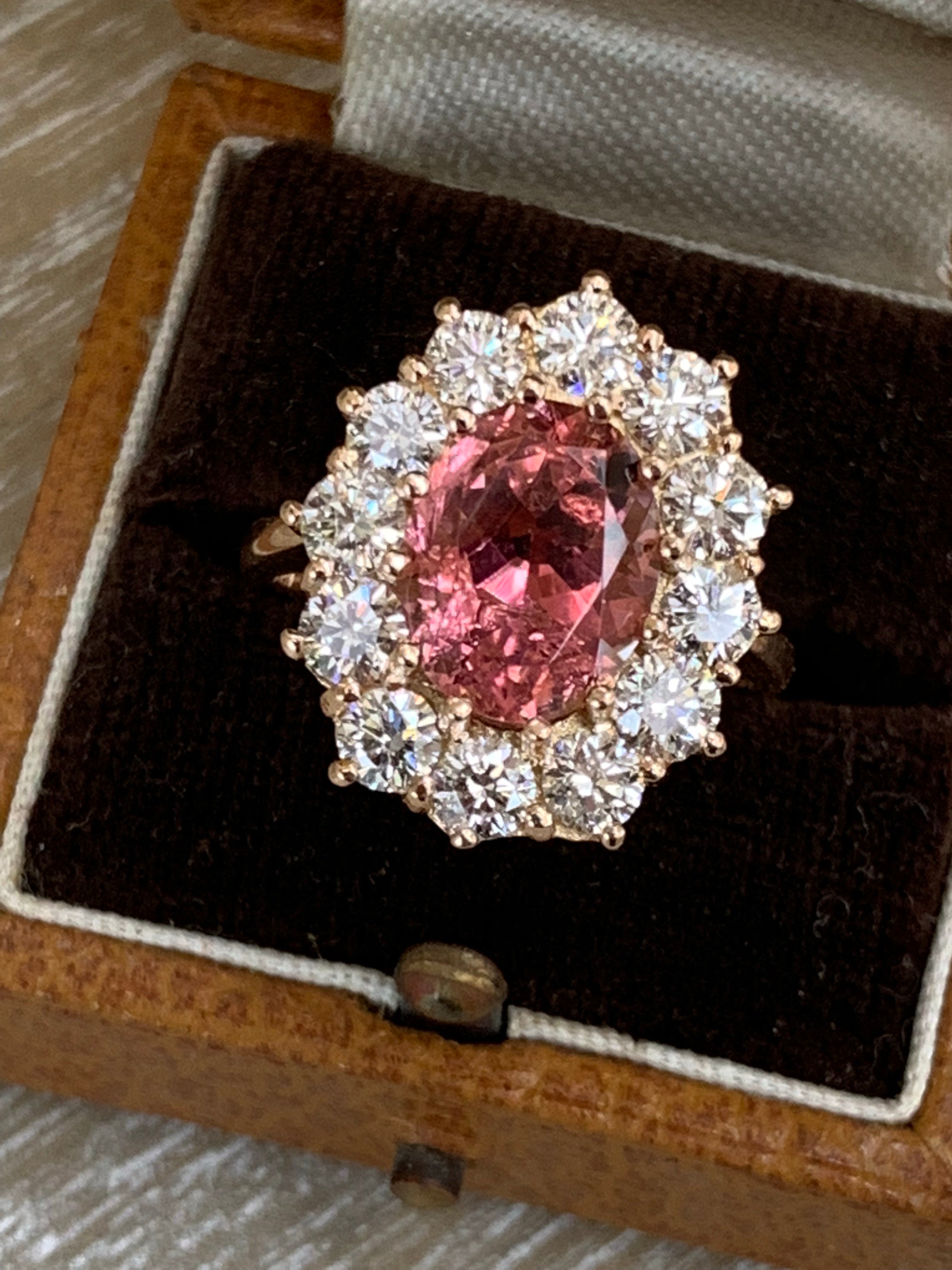 5.05 Carat Oval-Cut Pink Tourmaline and Diamond Halo Ring in 18K Rose Gold