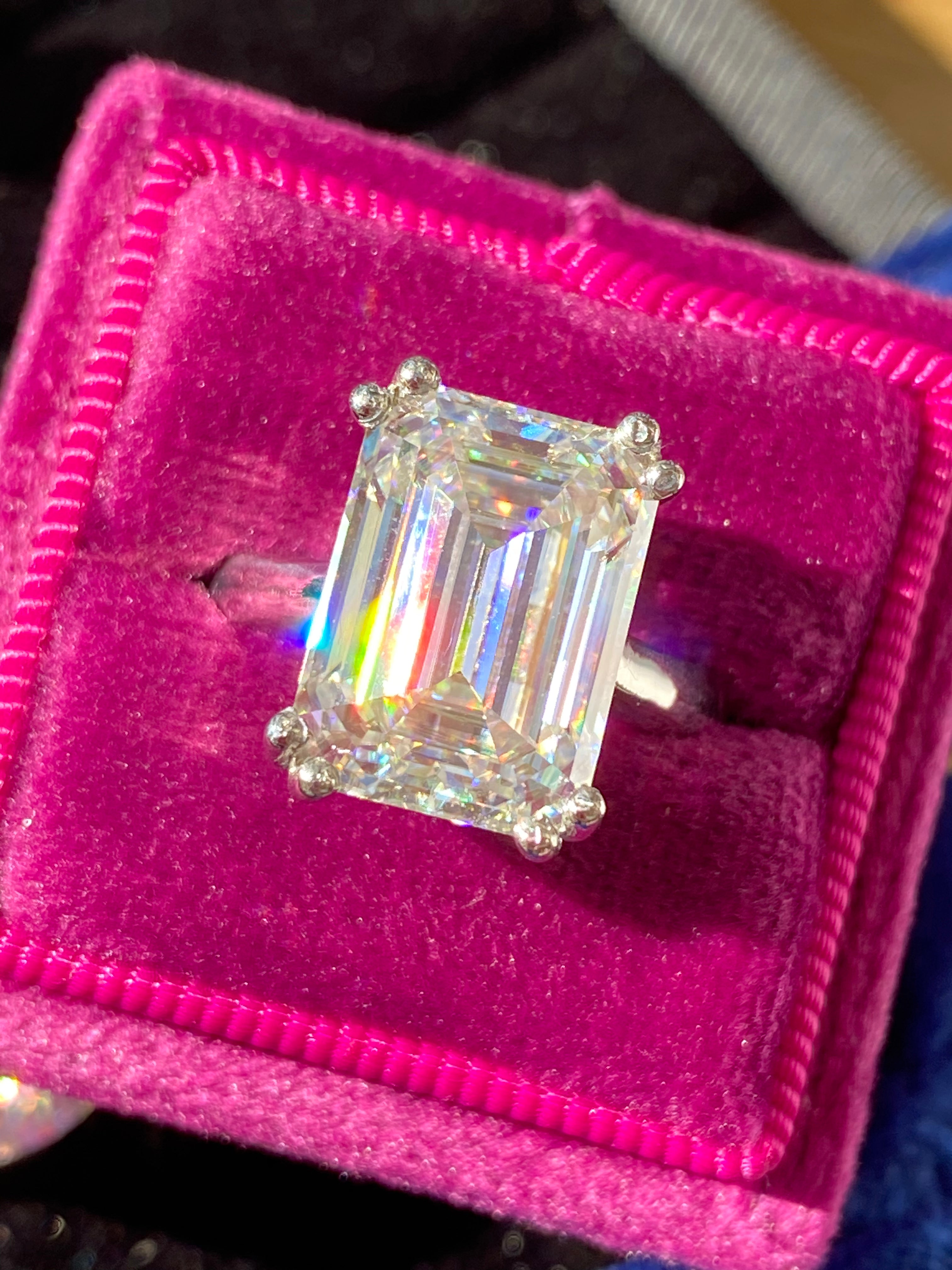8.65 Carat Emerald Cut Moissanite Engagement Ring Katherine James Jewellery 