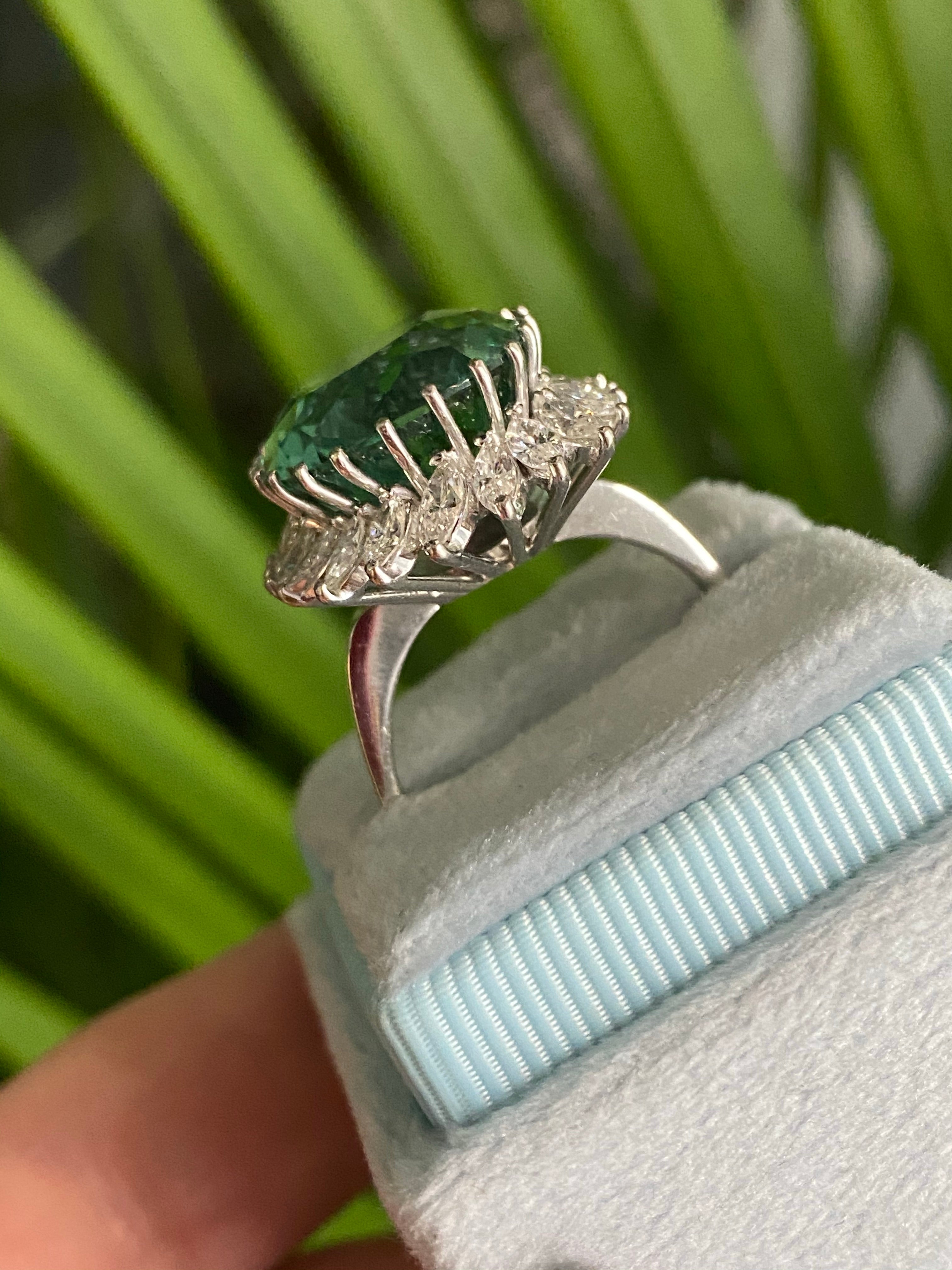 15.98 CTW Cushion Cut Green Tourmaline and Diamond Halo Ring in 18ct White Gold