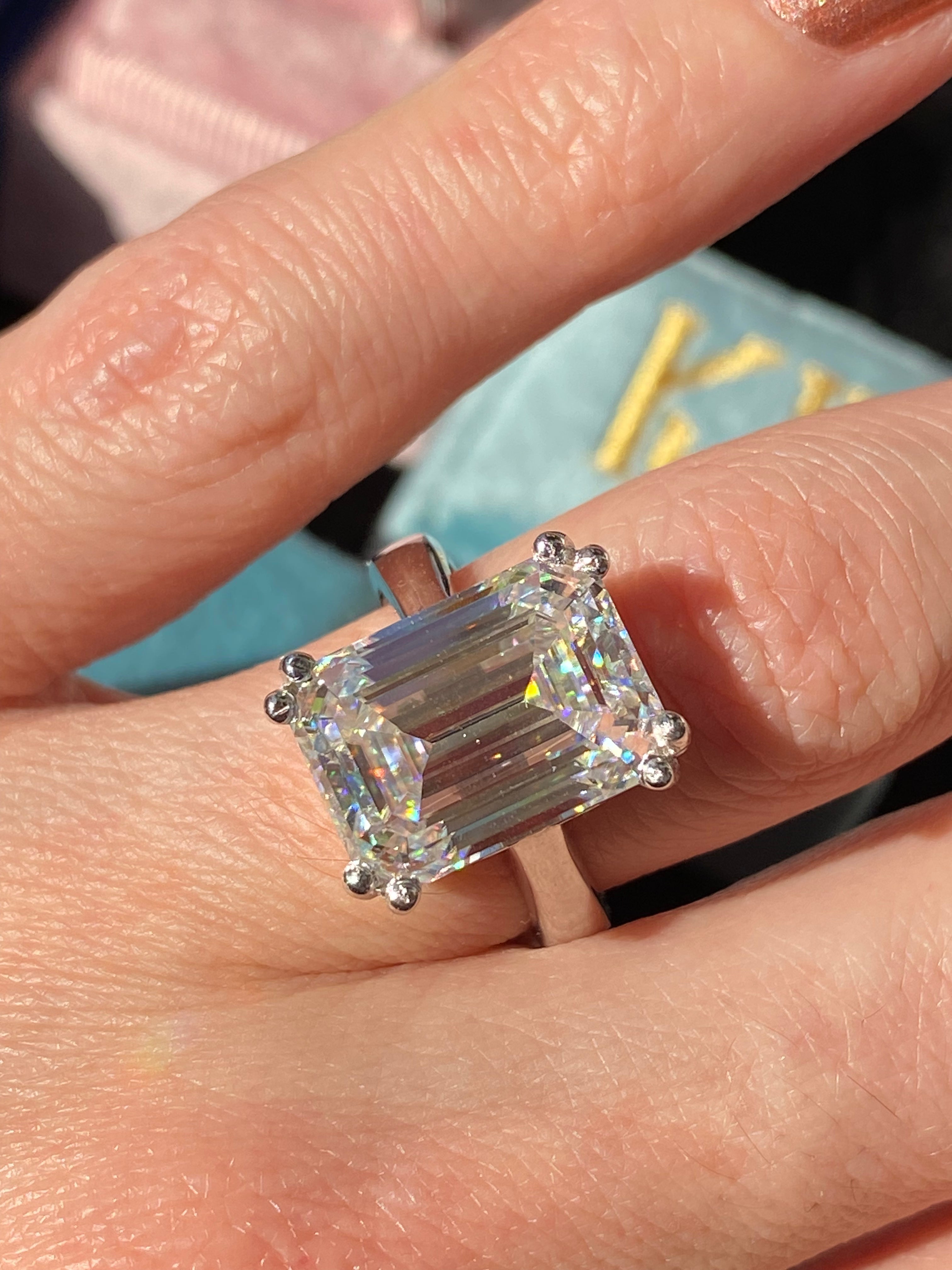 8.65 Carat Emerald Cut Moissanite Solitaire Engagement Ring in Sterling Silver