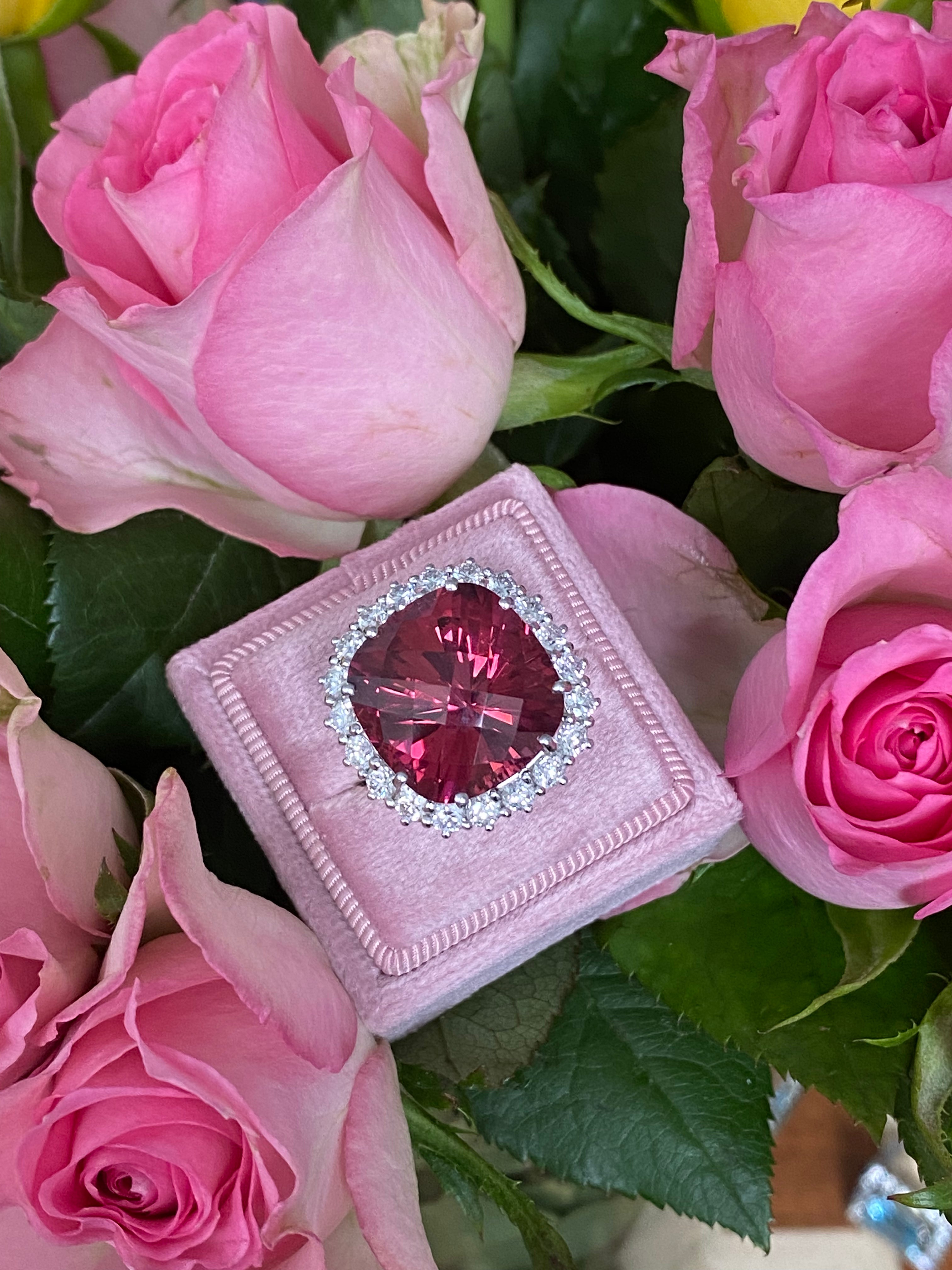 Huge 17 Carat Rubellite Pink Tourmaline and Diamond Cocktail Ring in White and Yellow Gold  Katherine James Jewellery  