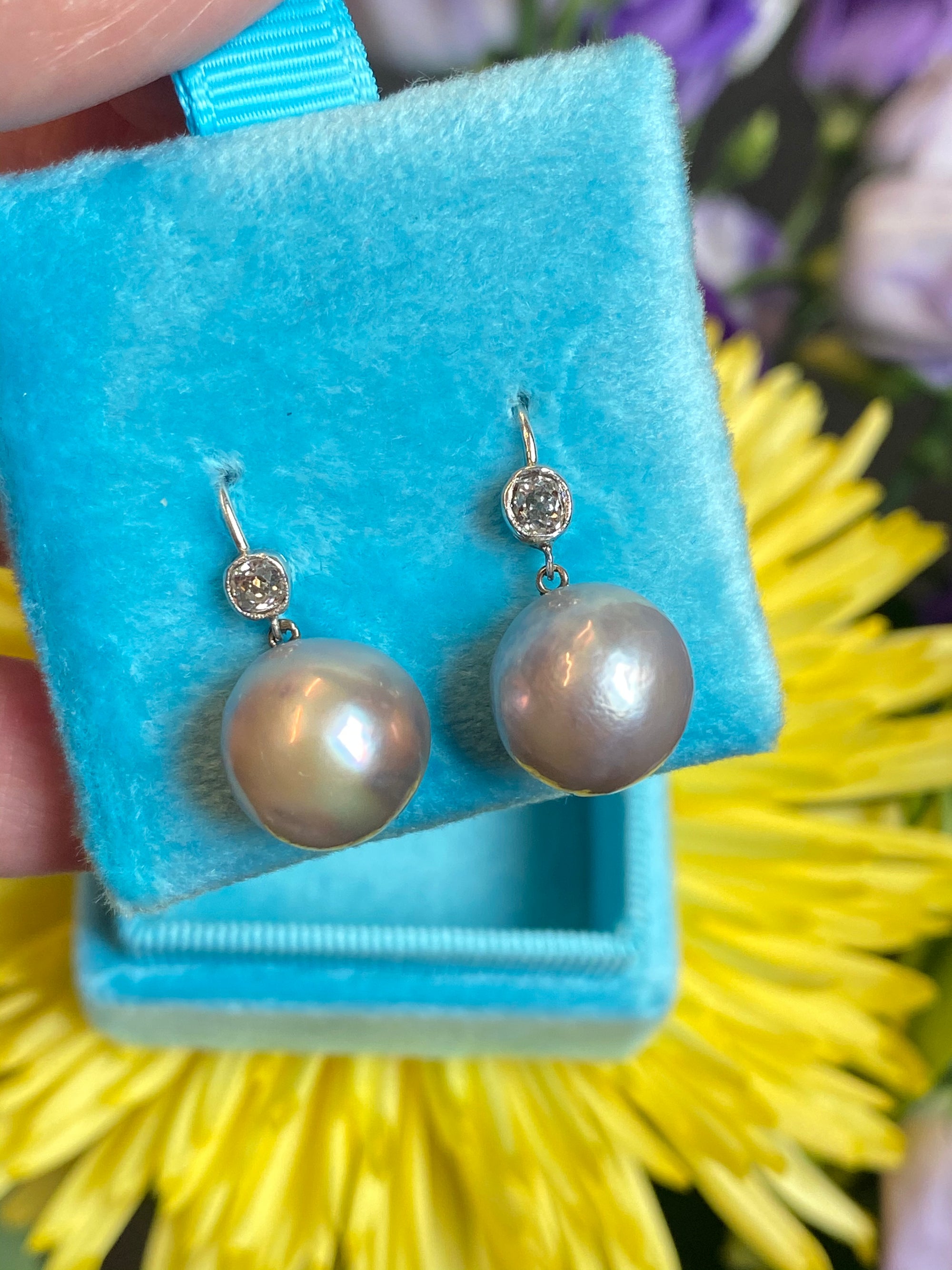 Old cut Diamond and pearl drop earrings in White gold 