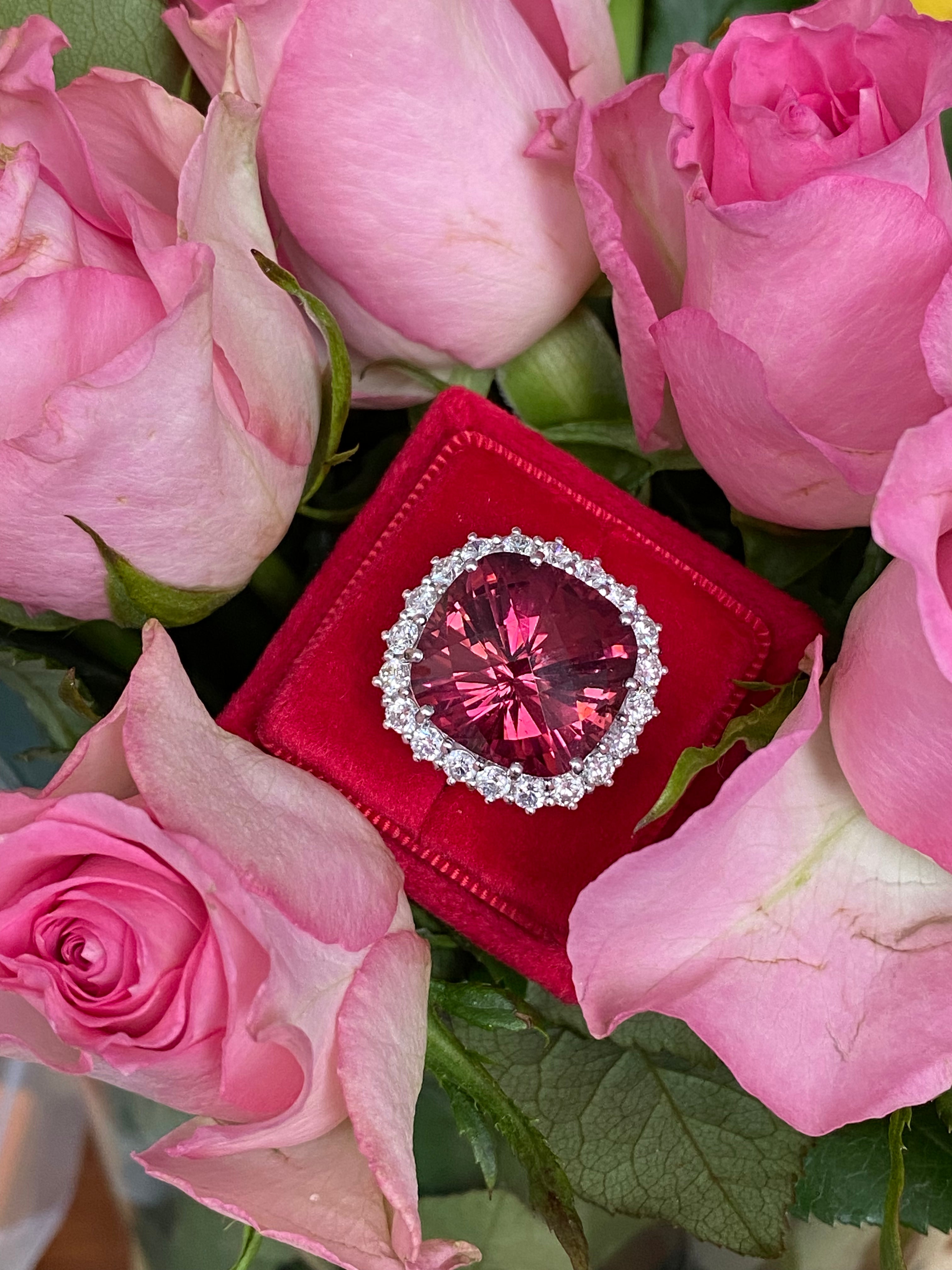 Huge 17 Carat Rubellite Pink Tourmaline and Diamond Cocktail Ring in White and Yellow Gold 