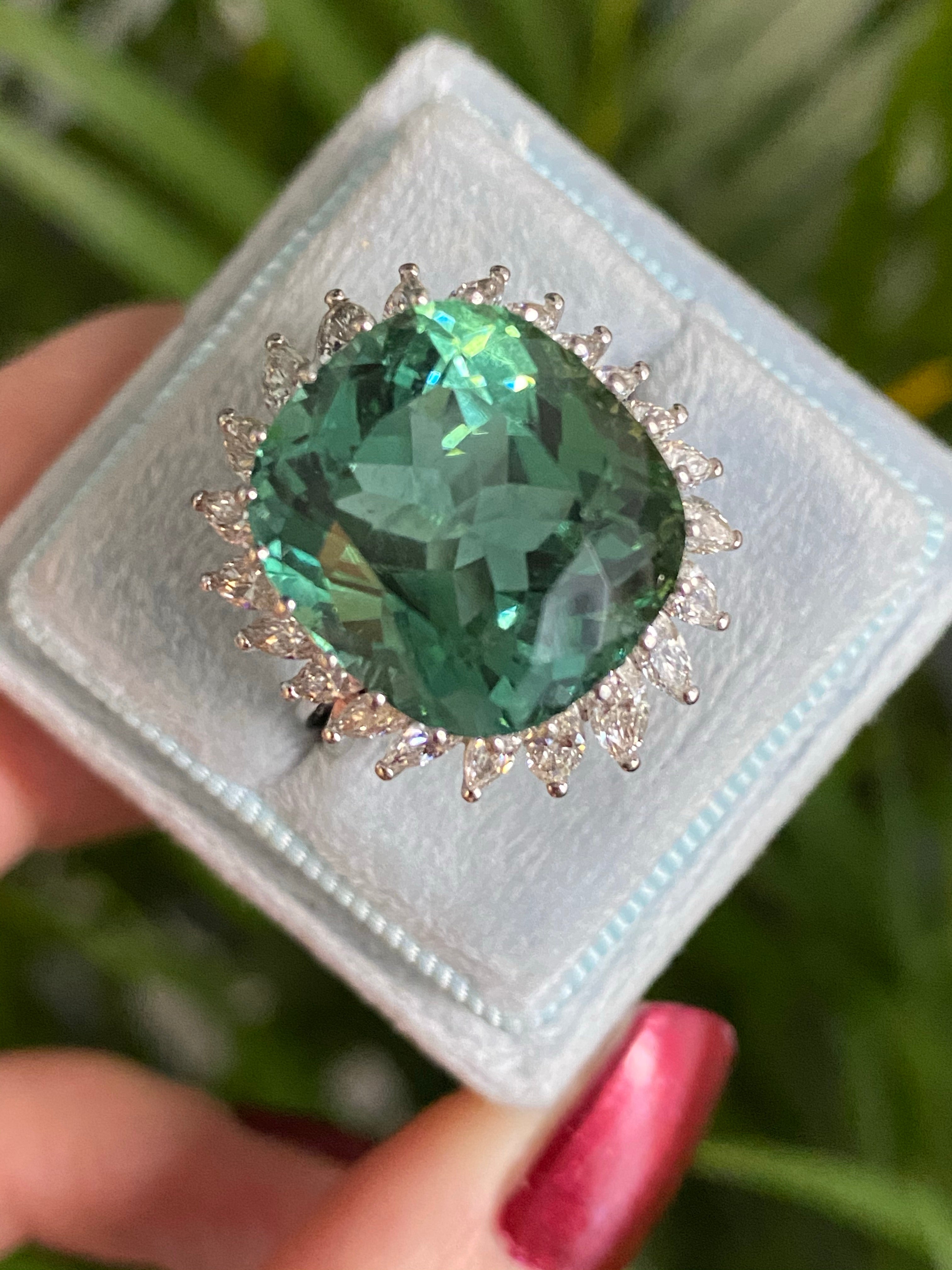 15.98 CTW Cushion Cut Green Tourmaline and Diamond Halo Ring in 18ct White Gold