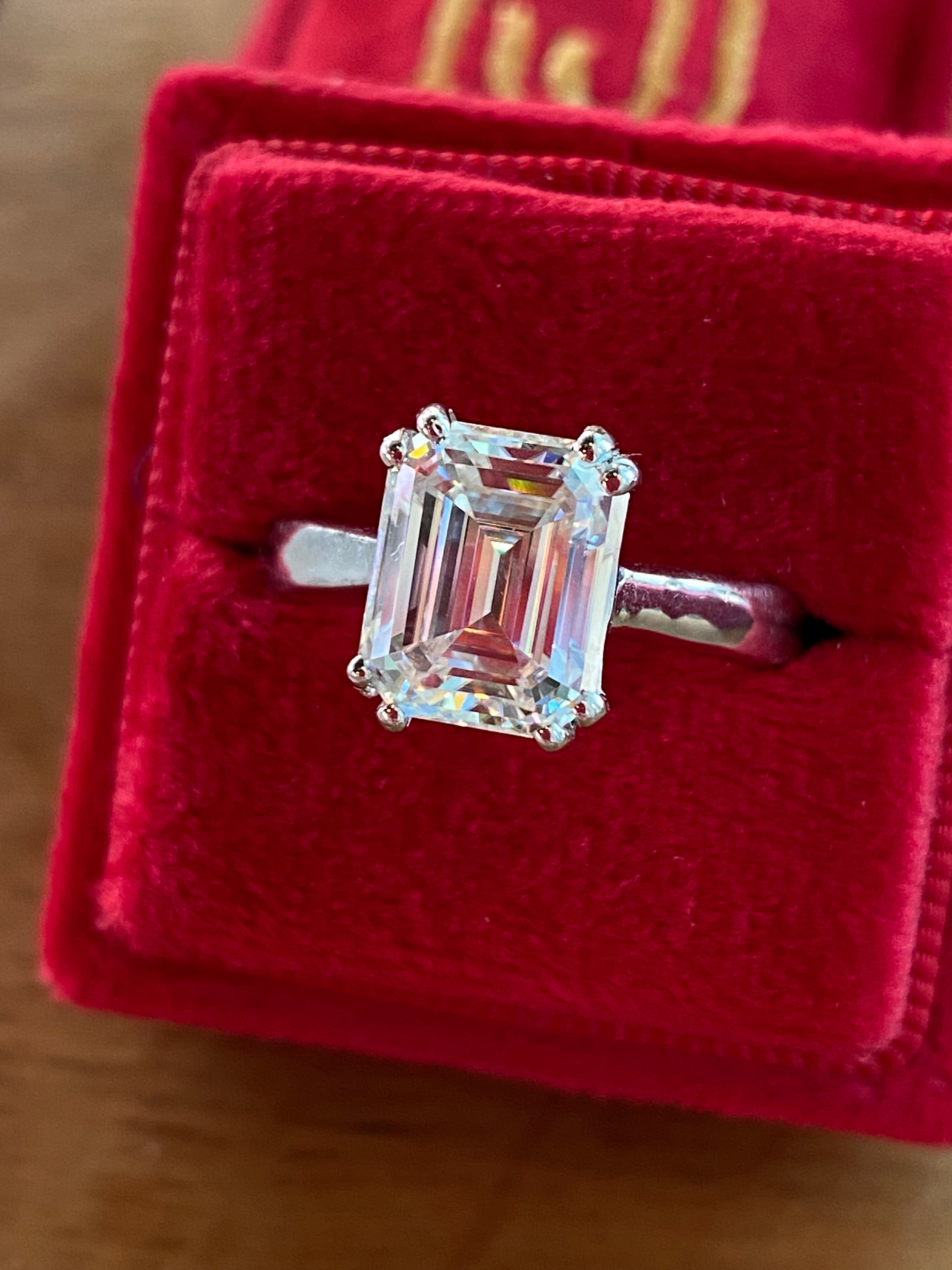 3.50 Carat Emerald Cut Moissanite Solitaire Engagement Ring in Sterling Silver