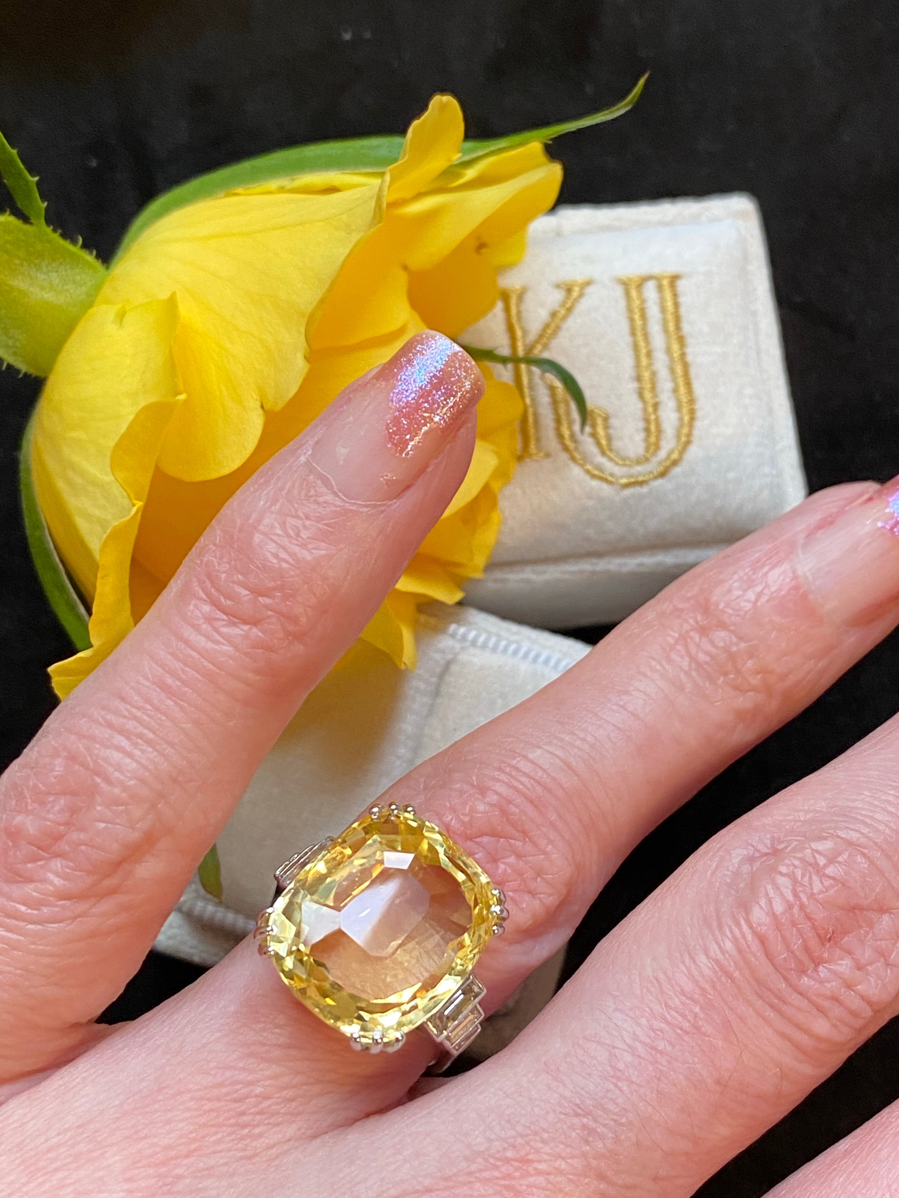 19.60 Carat Certified Unheated Yellow Sapphire and Diamond Art Deco Ring