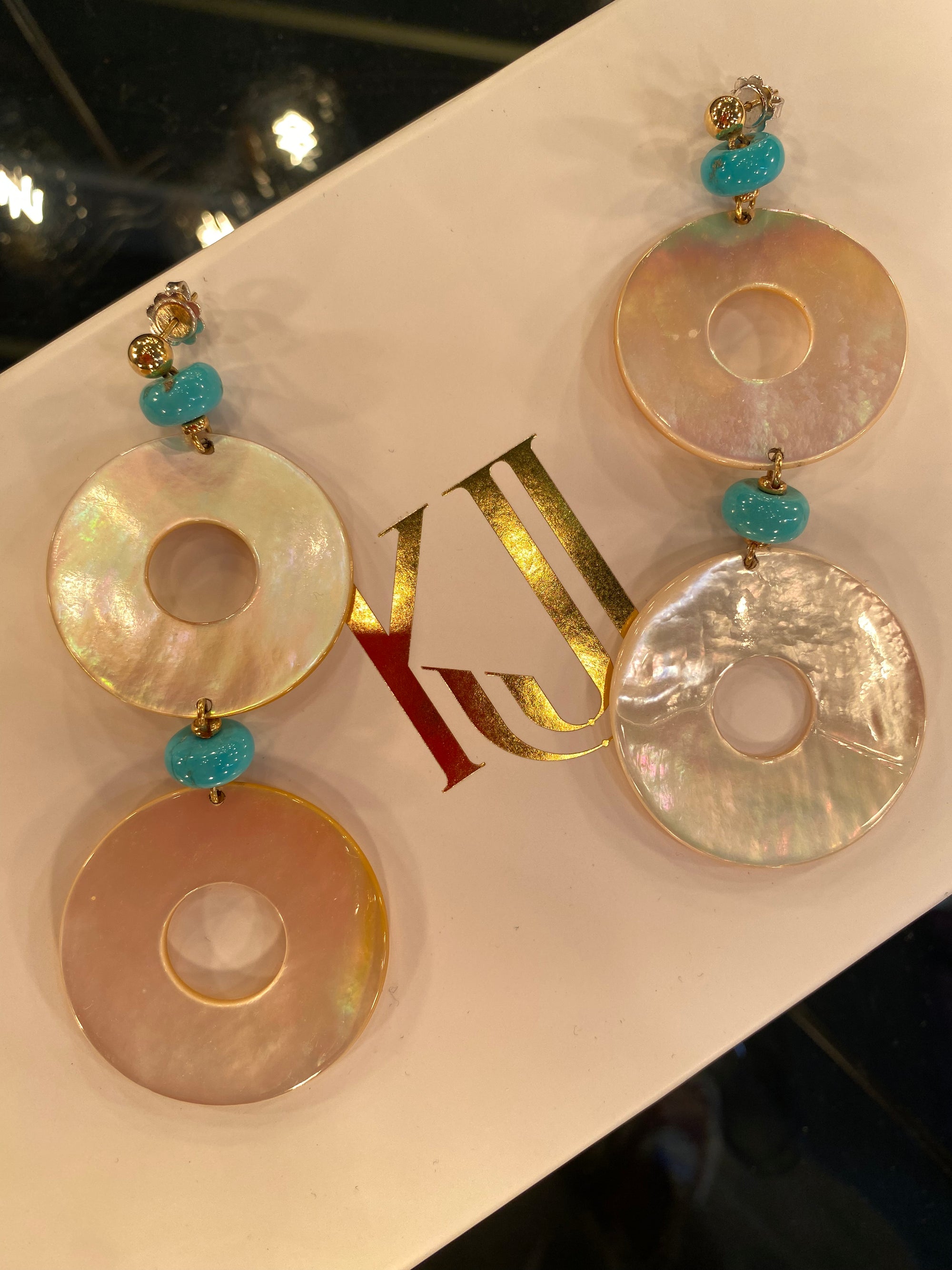 Huge Statement Turquoise and Mother of Pearl Drop Earrings in 18ct Yellow Gold