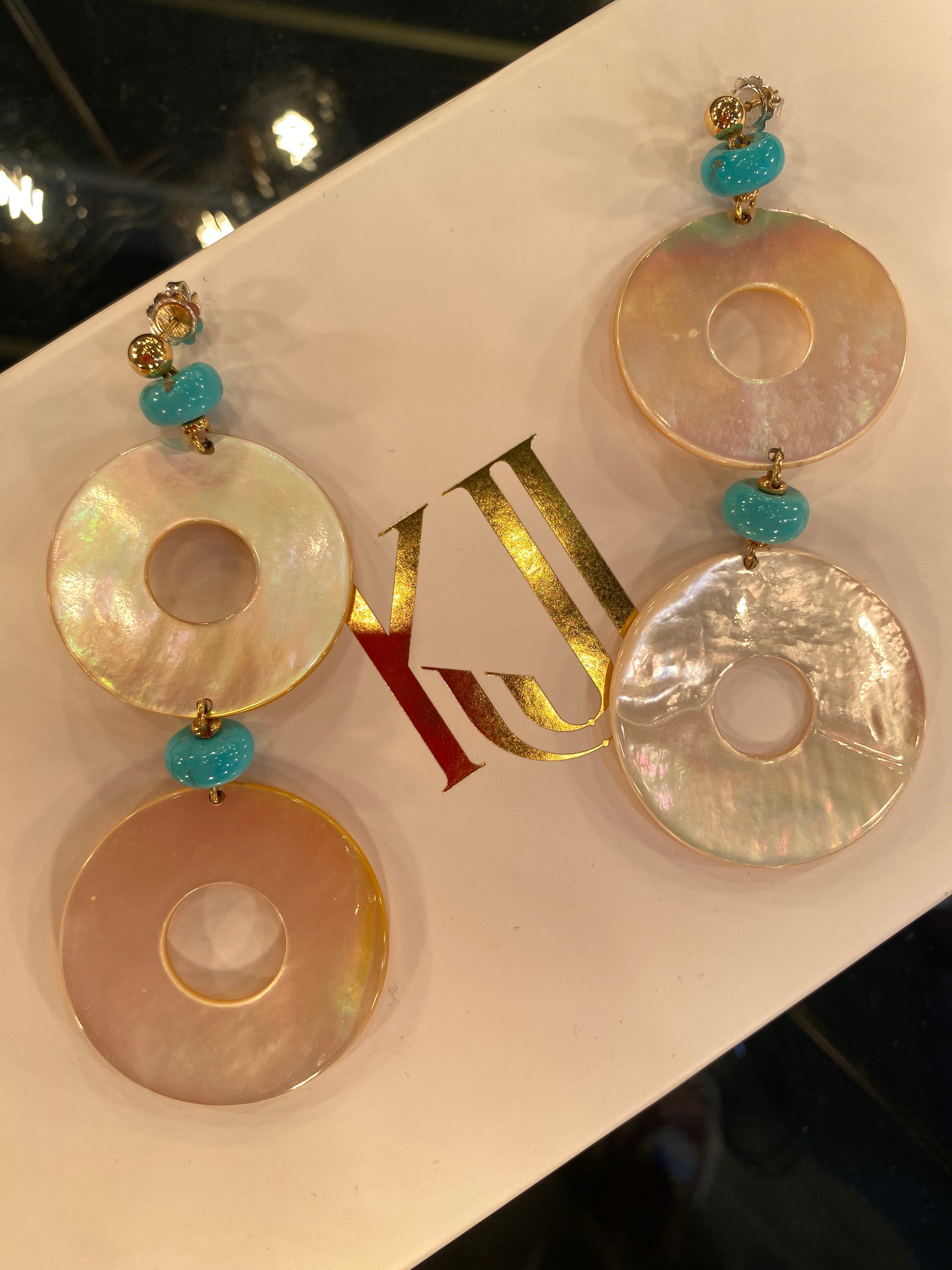 Huge Statement Turquoise and Mother of Pearl Drop Earrings in 18ct Yellow Gold