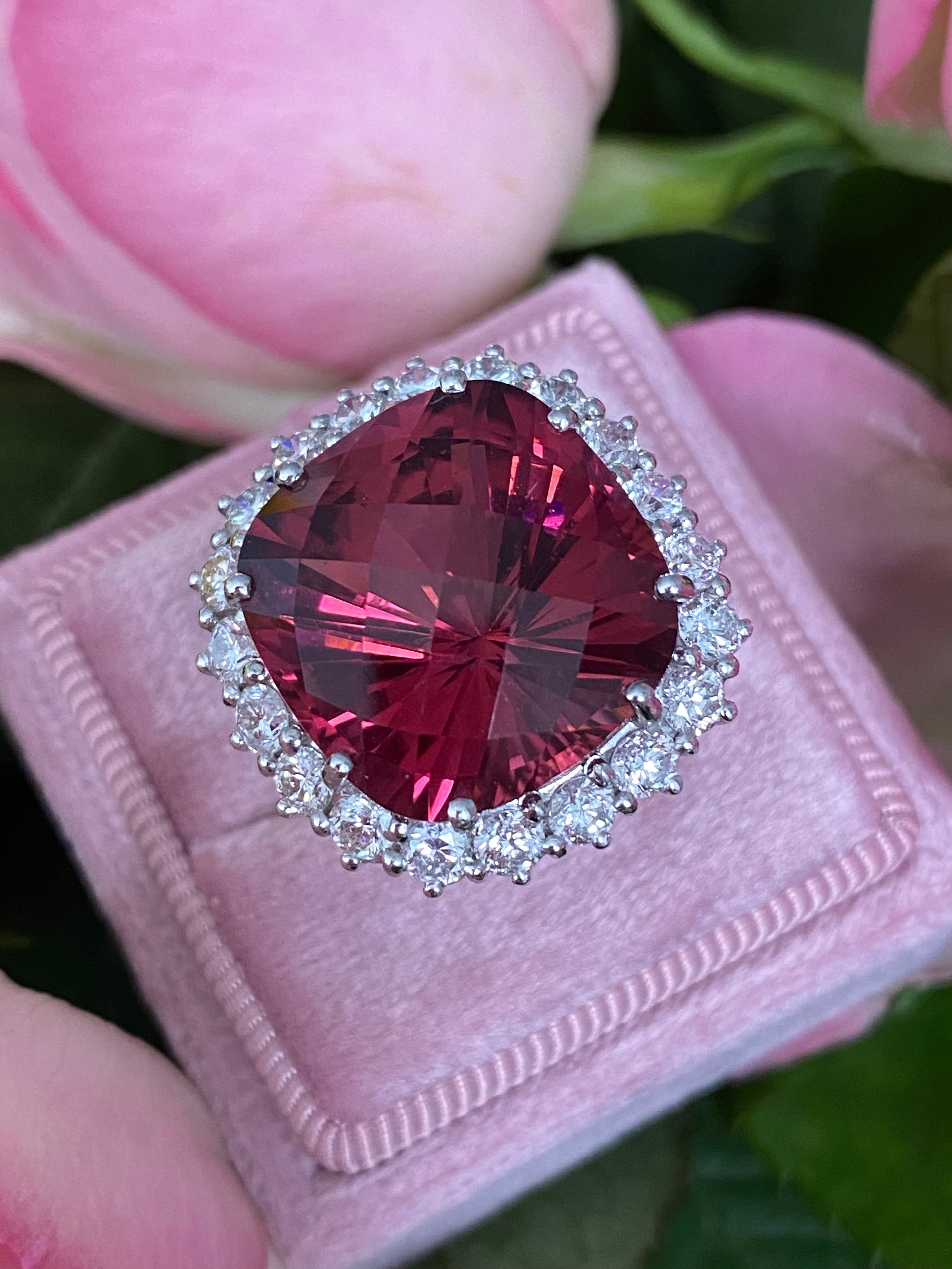 Huge 17 Carat Rubellite Pink Tourmaline and Diamond Cocktail Ring in White and Yellow Gold 