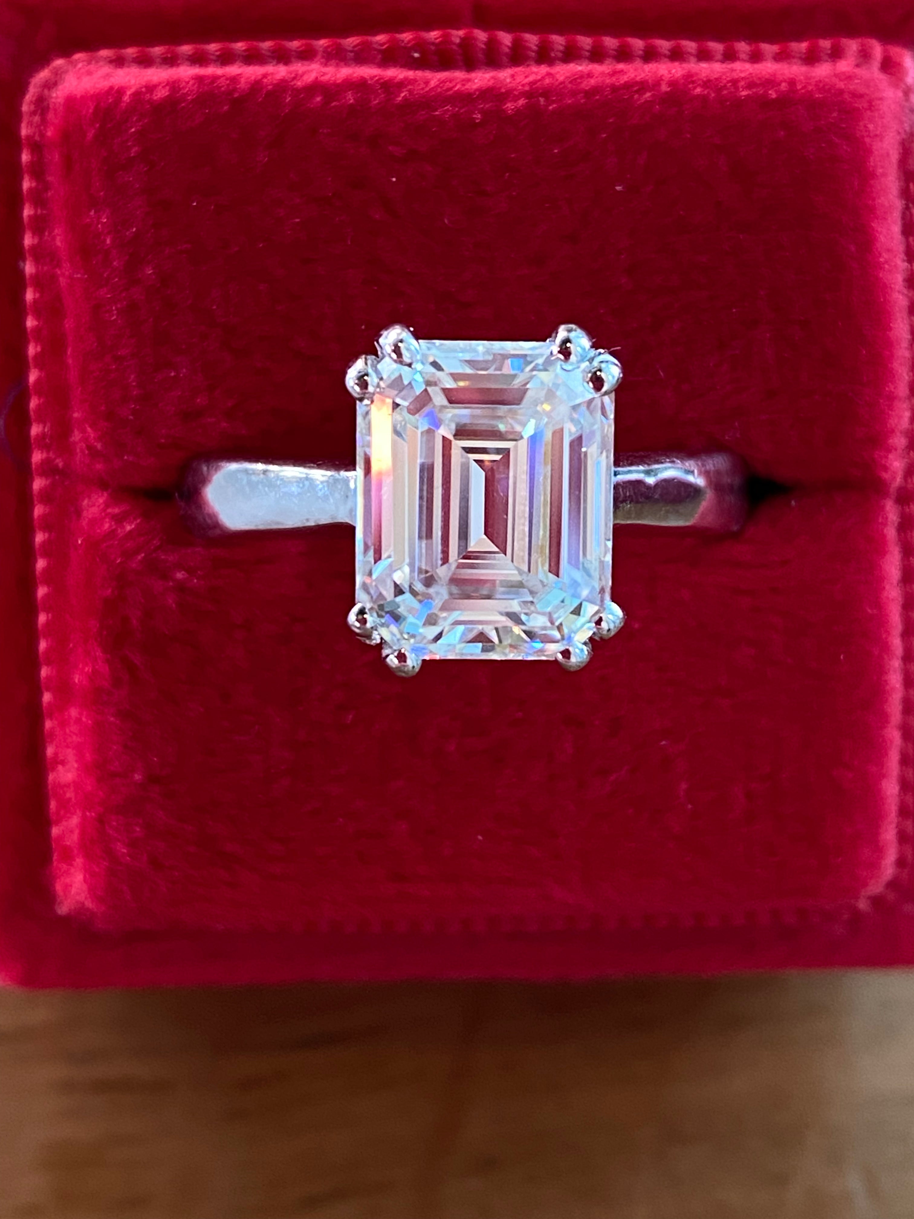 3.50 Carat Emerald Cut Moissanite Solitaire Engagement Ring in Sterling Silver