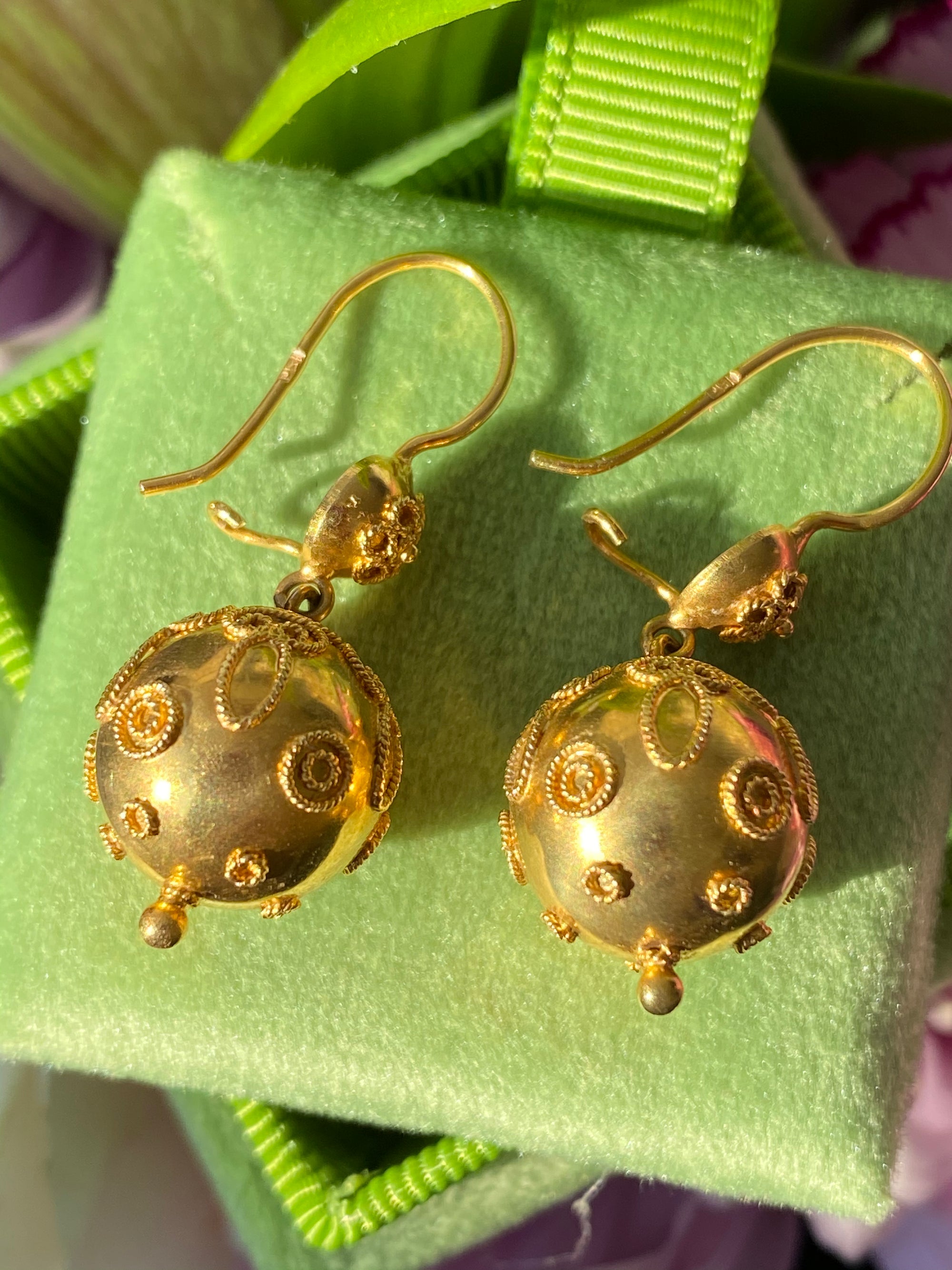 Vintage Etruscan Style Ball Drop Earrings in 14K Yellow Gold