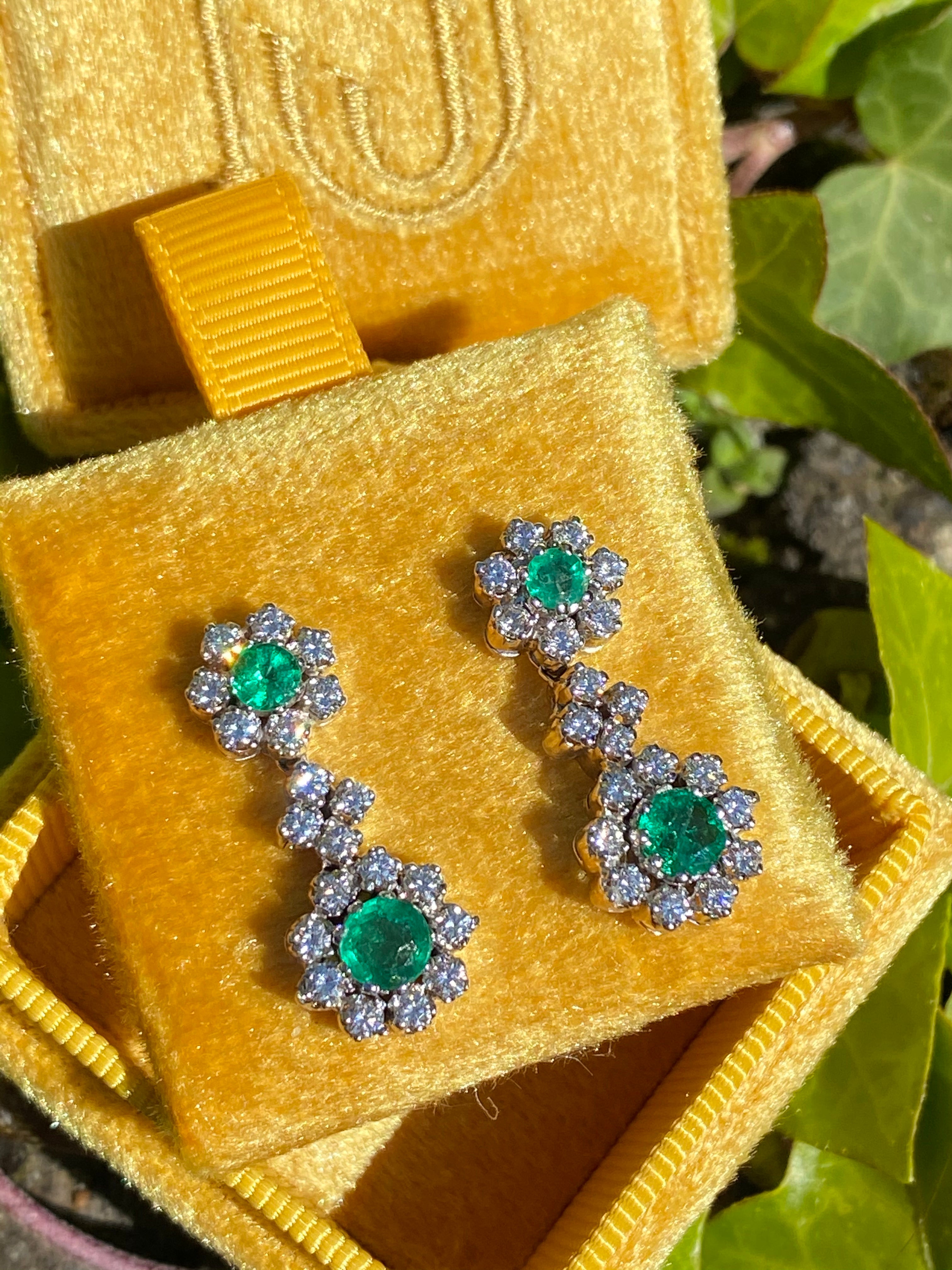Vintage Emerald and Diamond Drop Earrings in Platinum 