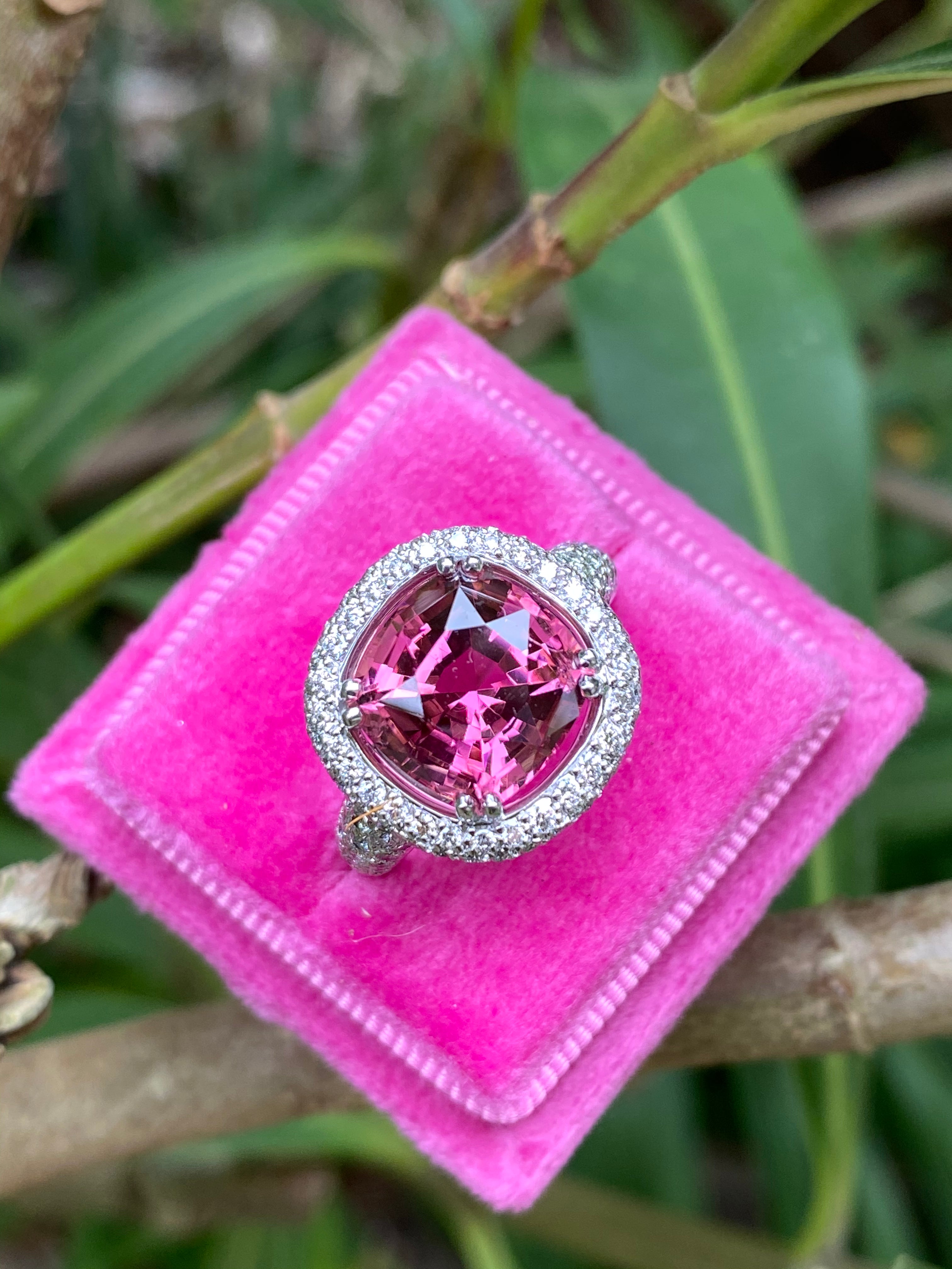 Cushion Cut Pink Tourmaline and Diamond Halo Ring in White Gold 