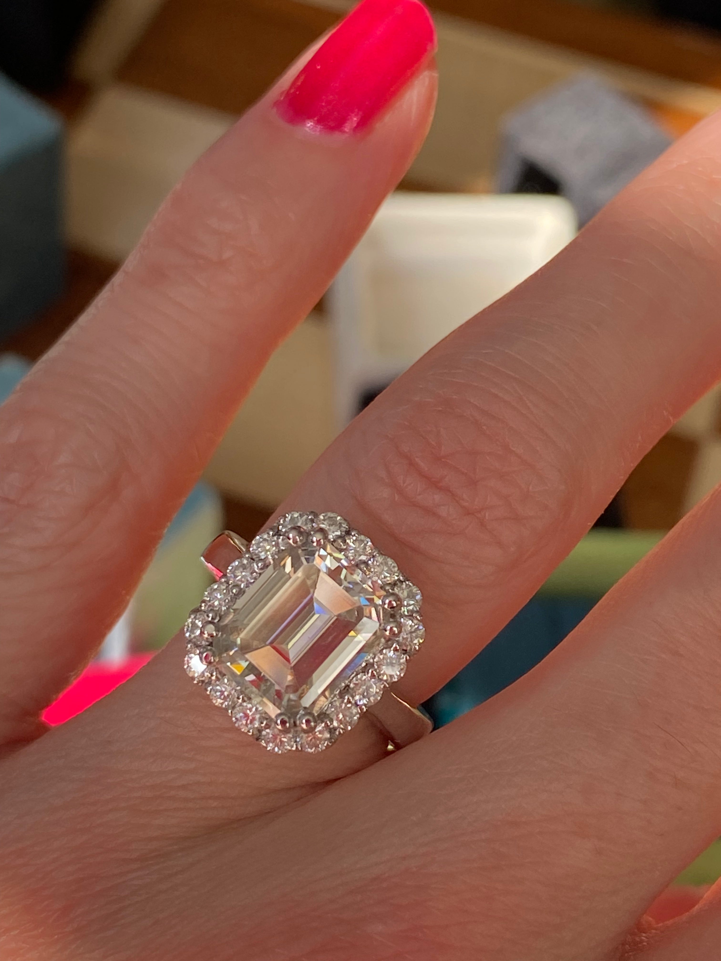 4 Carat Emerald Cut Moissanite Halo Engagement Ring Katherine James Jewellery 