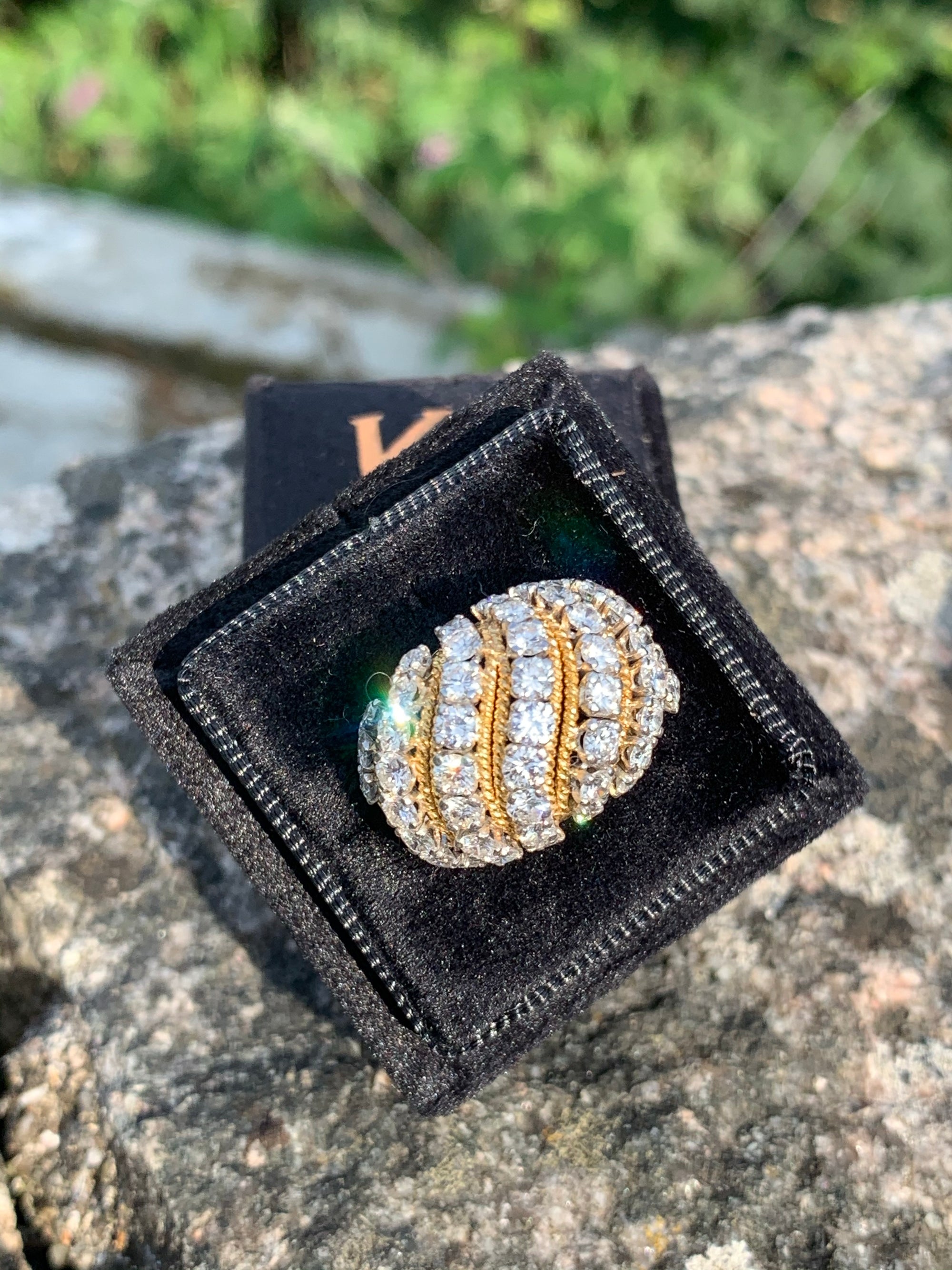 Vintage Vourakis Diamond Bombe Ring in Platinum and 18K Yellow Gold