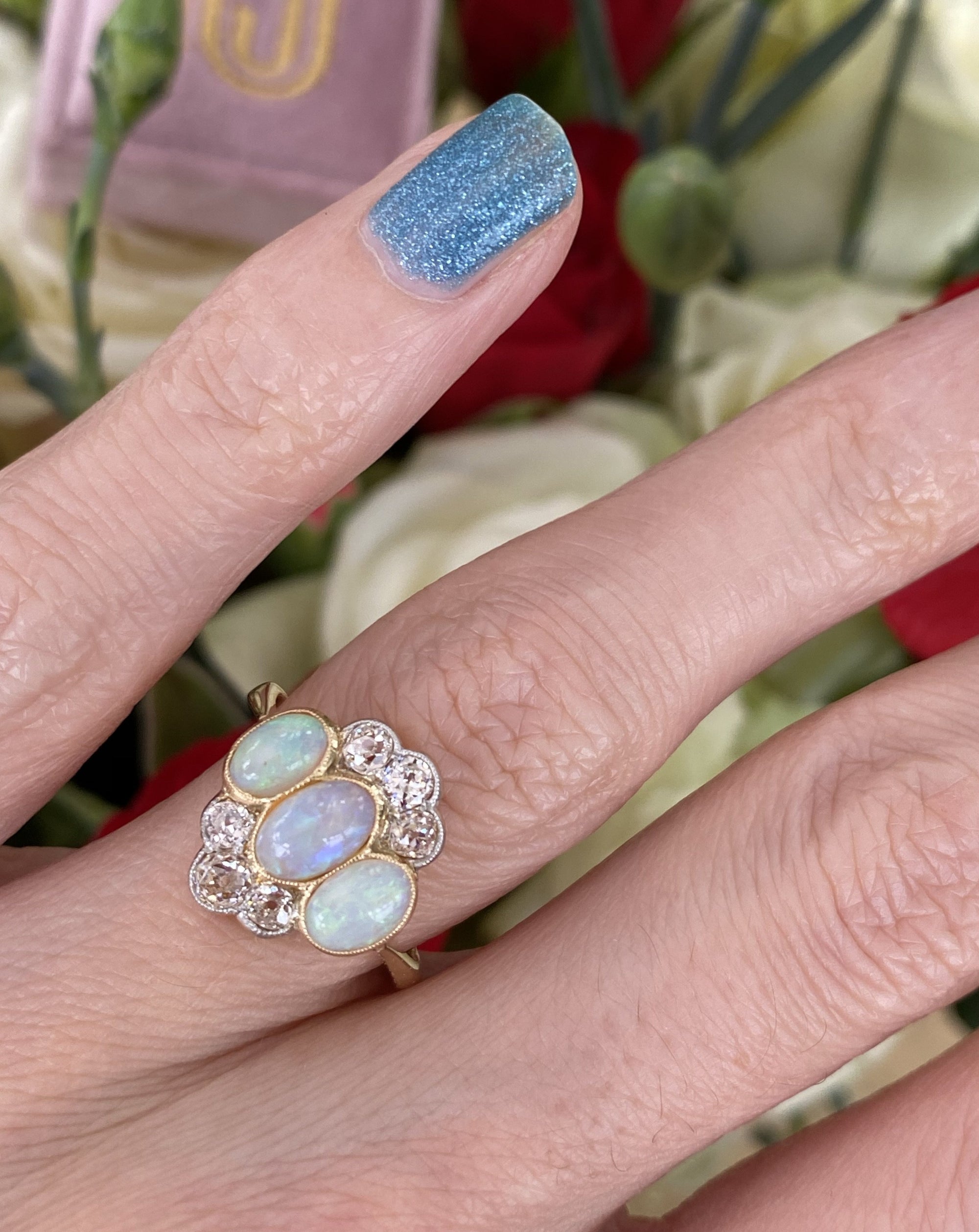 Antique Edwardian Opal and Diamond Trilogy Ring in 18ct Yellow Gold and Platinum