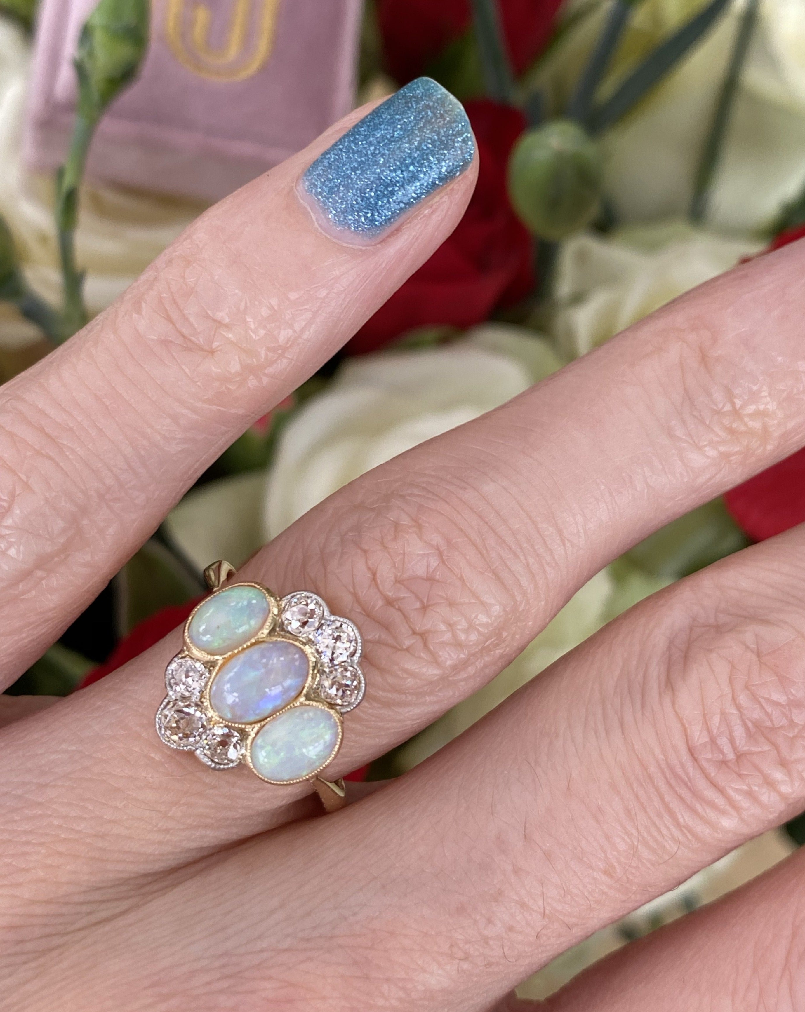 Antique Edwardian Opal and Diamond Trilogy Ring in 18ct Yellow Gold and Platinum