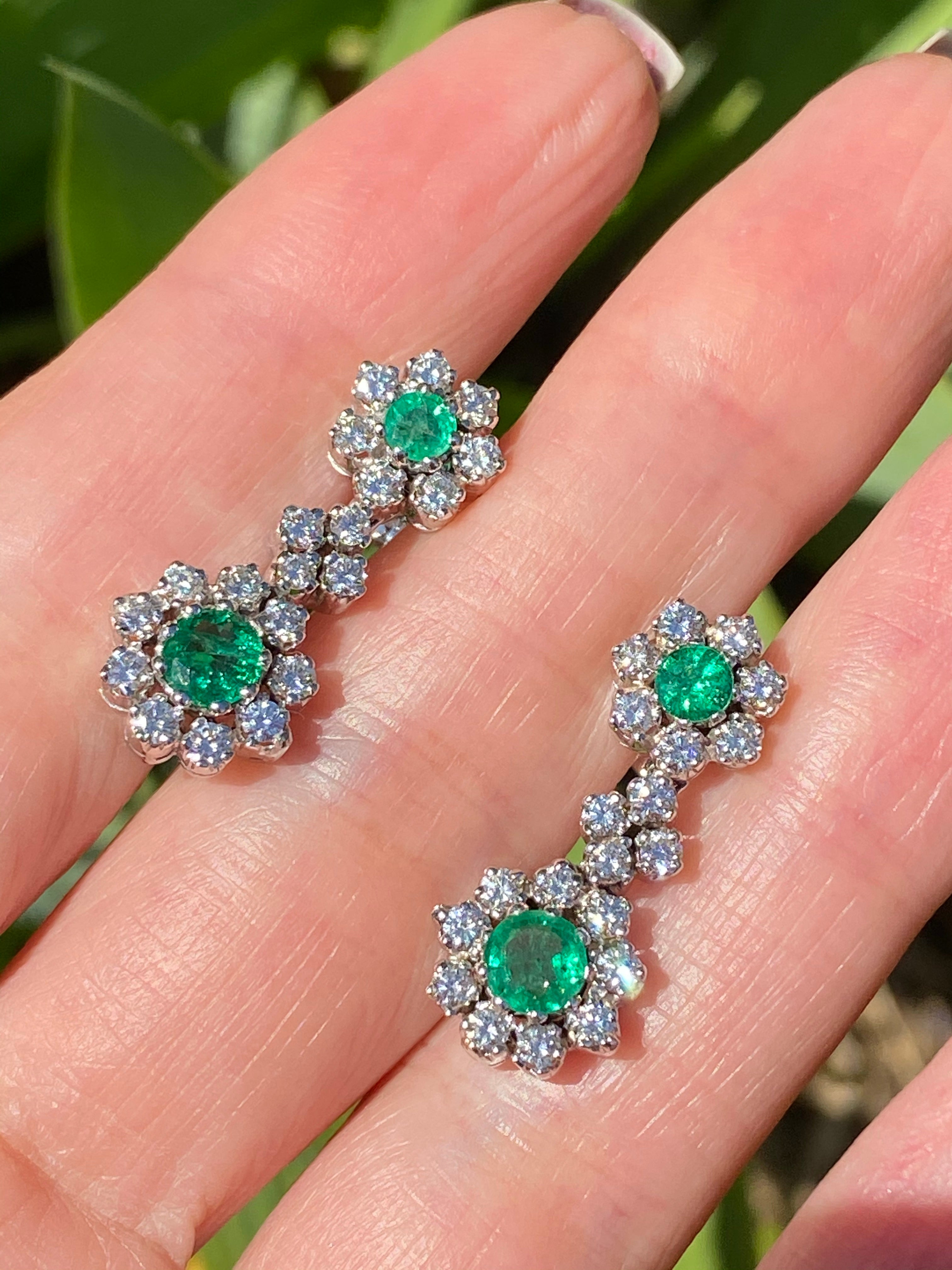 1.75 CTW Emerald and Diamond Drop Earrings in Platinum