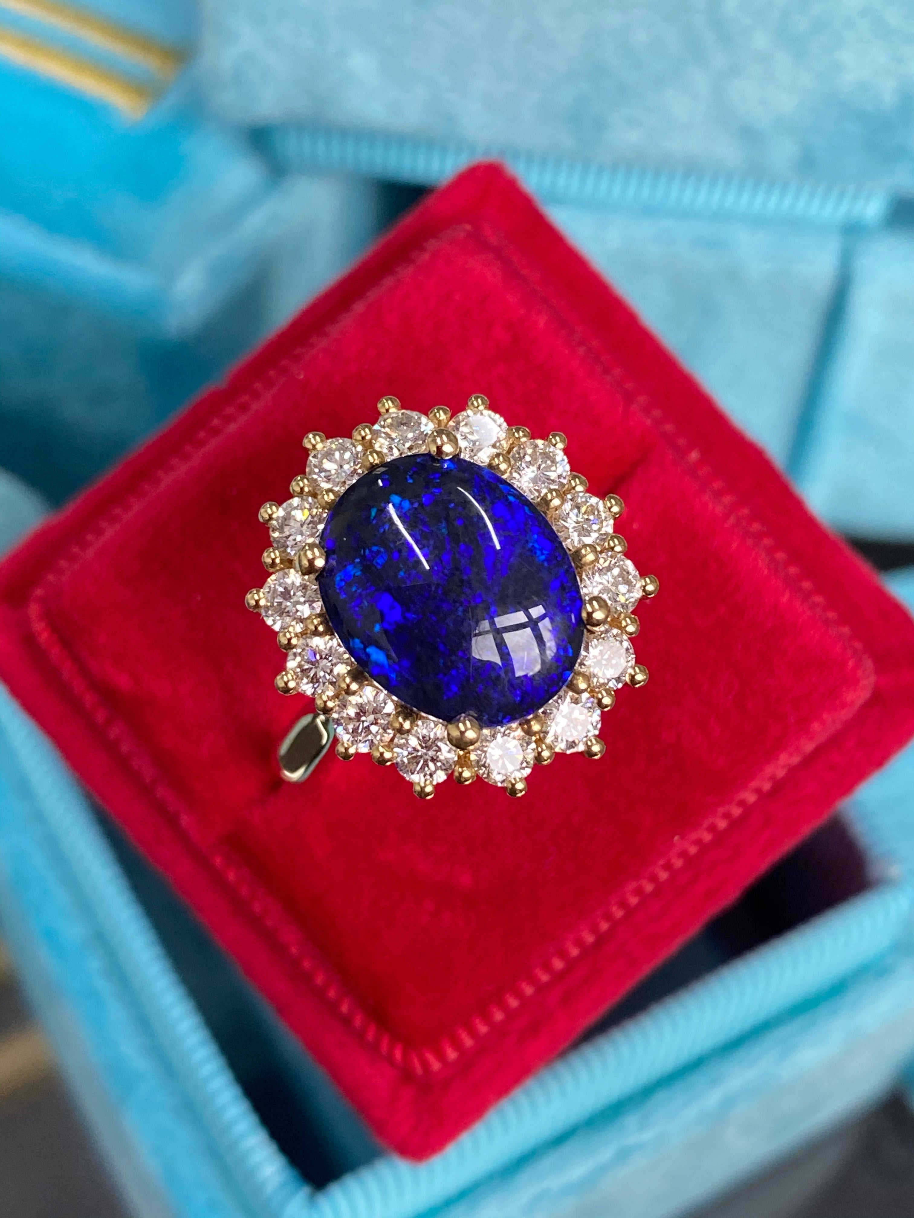 3.57 Carat Vintage Black Opal and Diamond Halo Ring in 18ct Yellow Gold