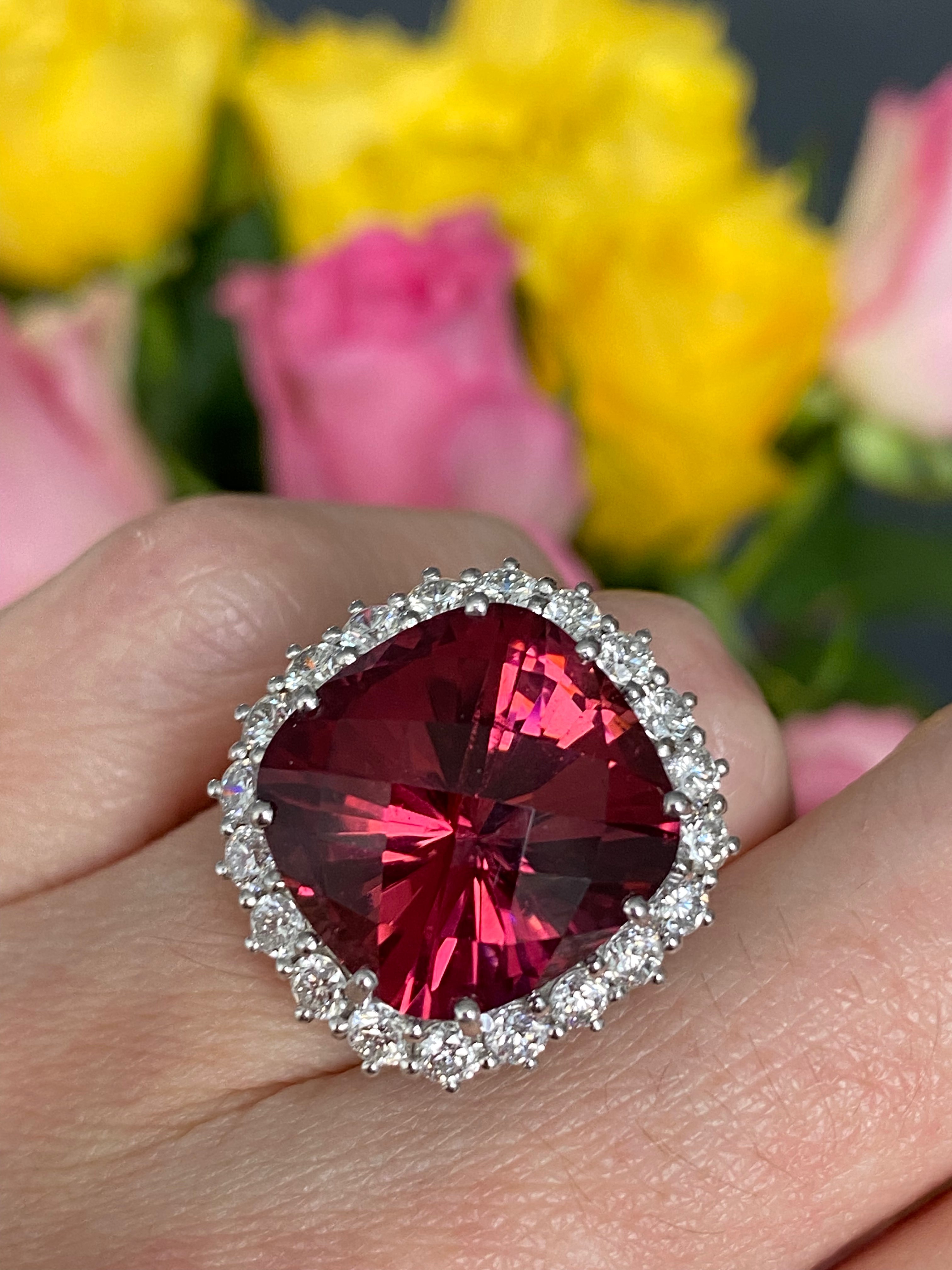 17.19 Carat Rubellite Tourmaline and Diamond Halo Cocktail Ring in 18ct White and Yellow Gold