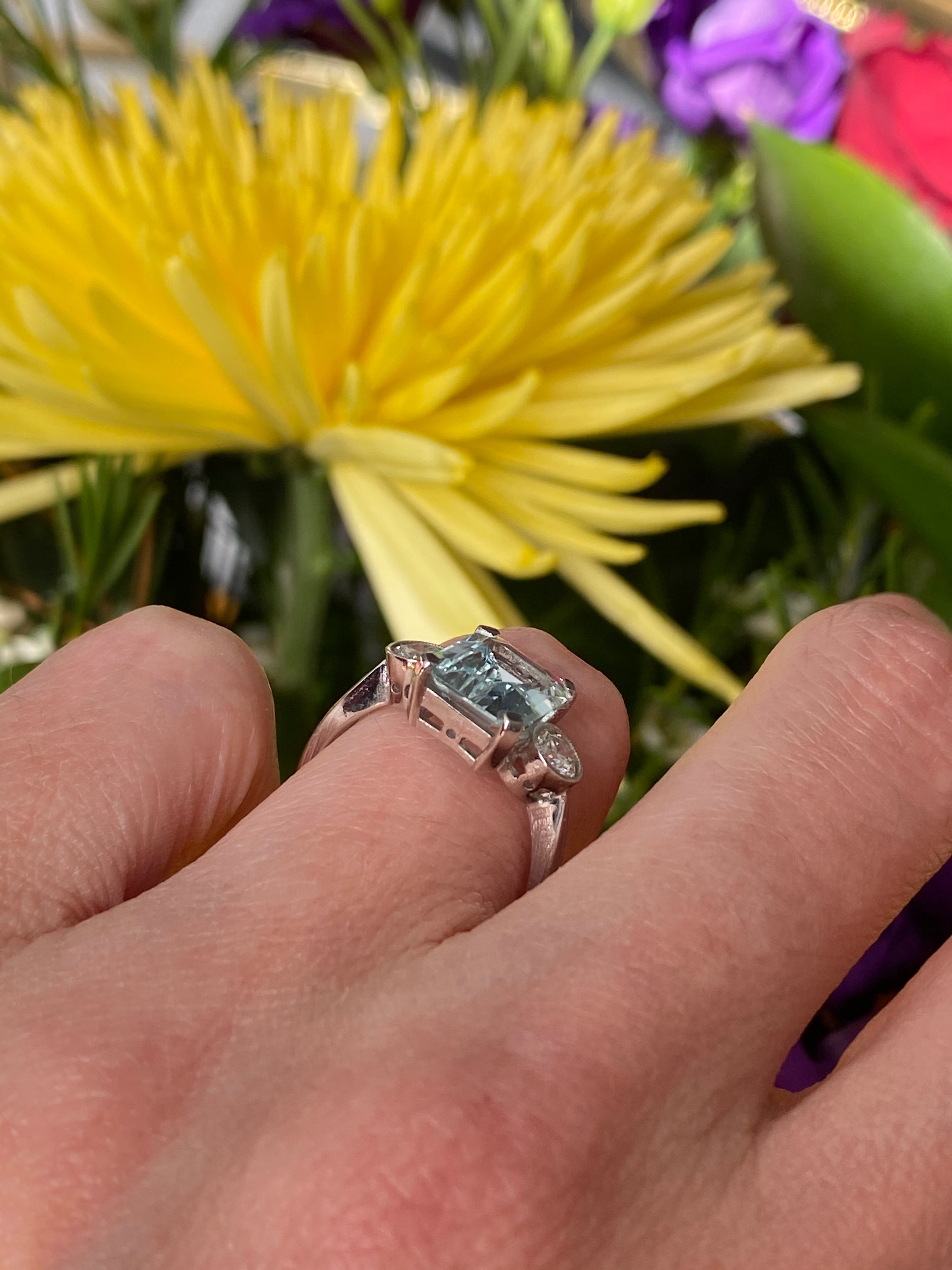 2.75 Carat Emerald Cut Aquamarine and Diamond Three Stone Engagement Ring in Platinum 