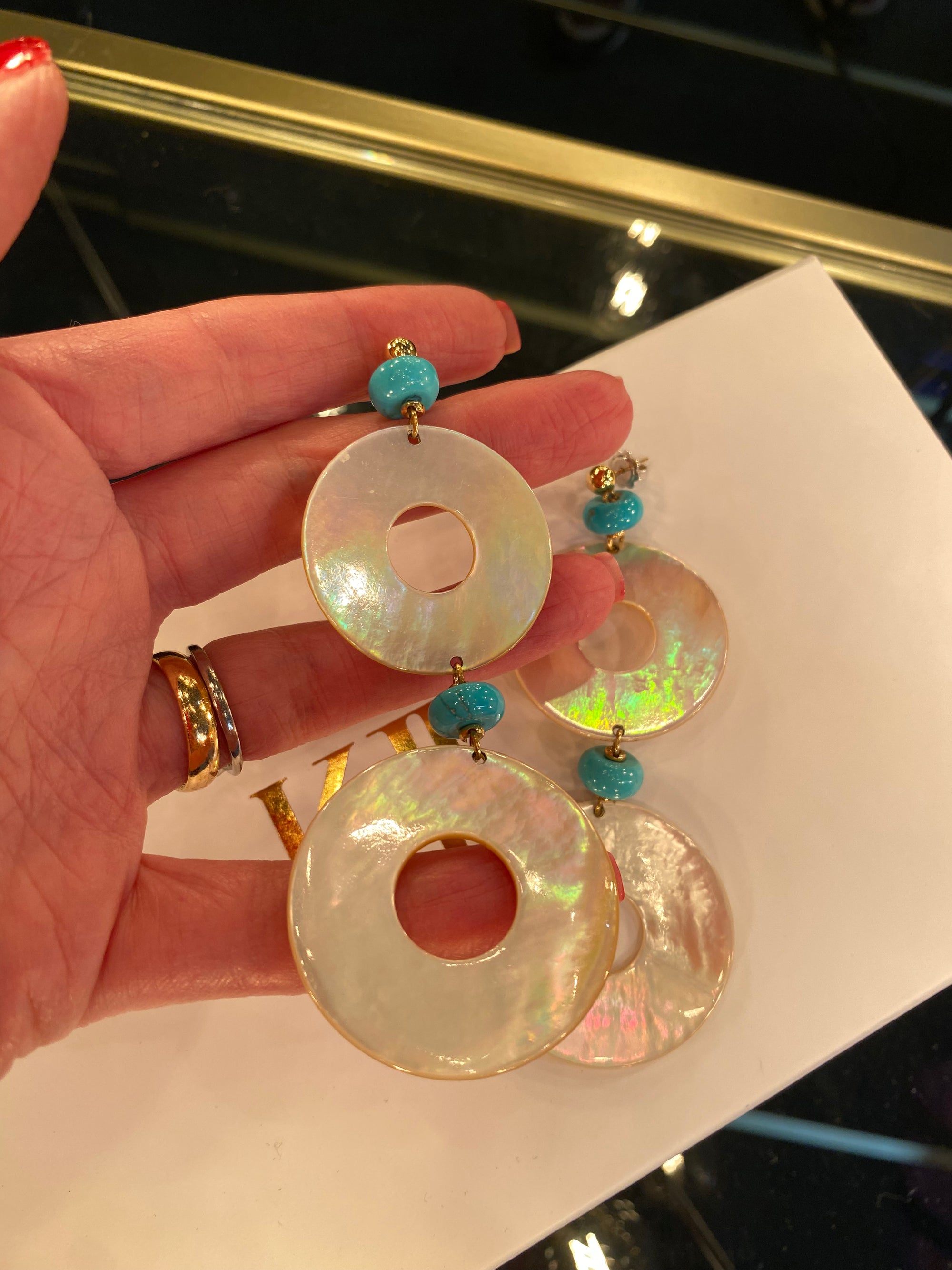 Huge Statement Turquoise and Mother of Pearl Drop Earrings in 18ct Yellow Gold