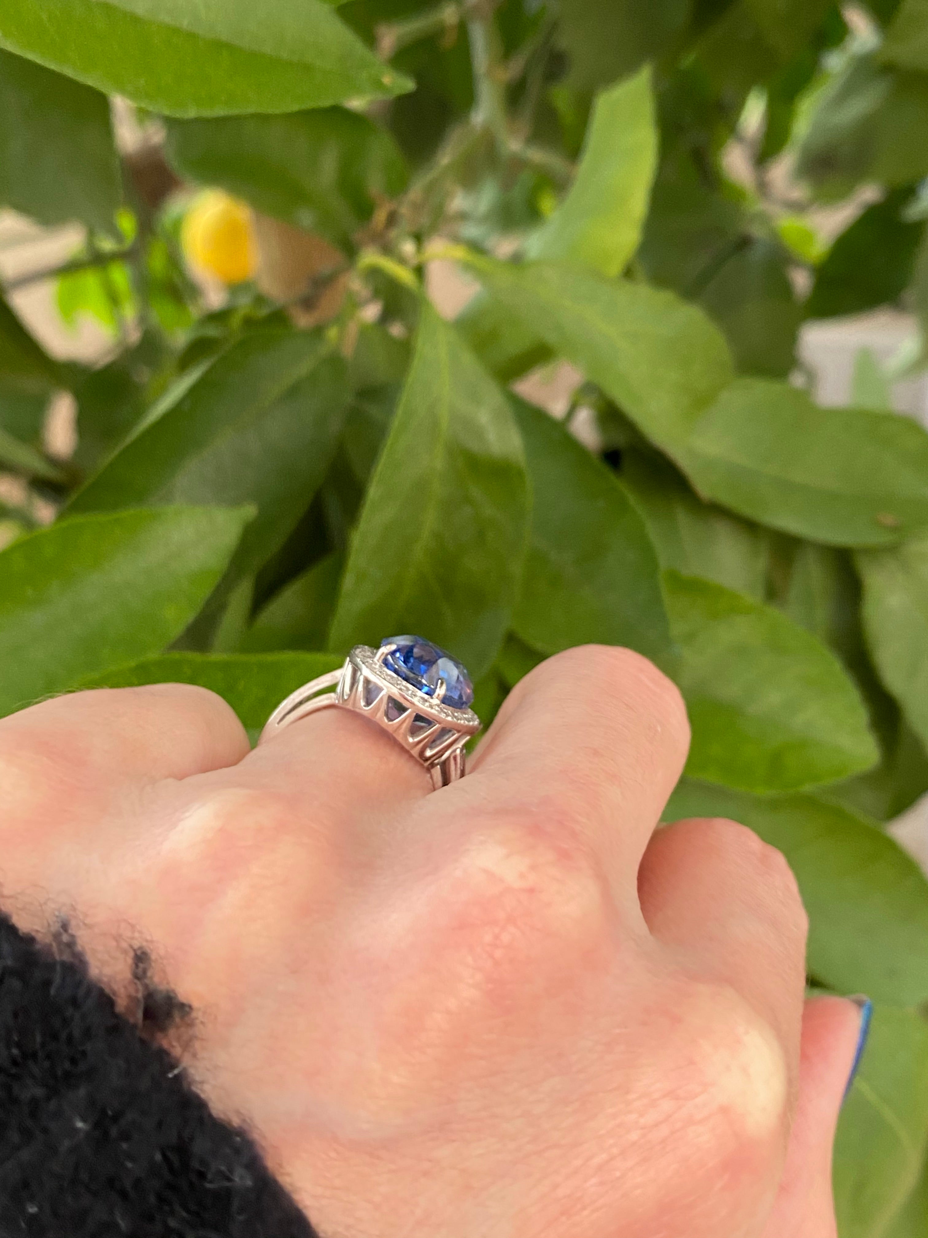 9.50 Oval-cut Carat Blue Ceylon Sapphire and DIamond Halo Ring 