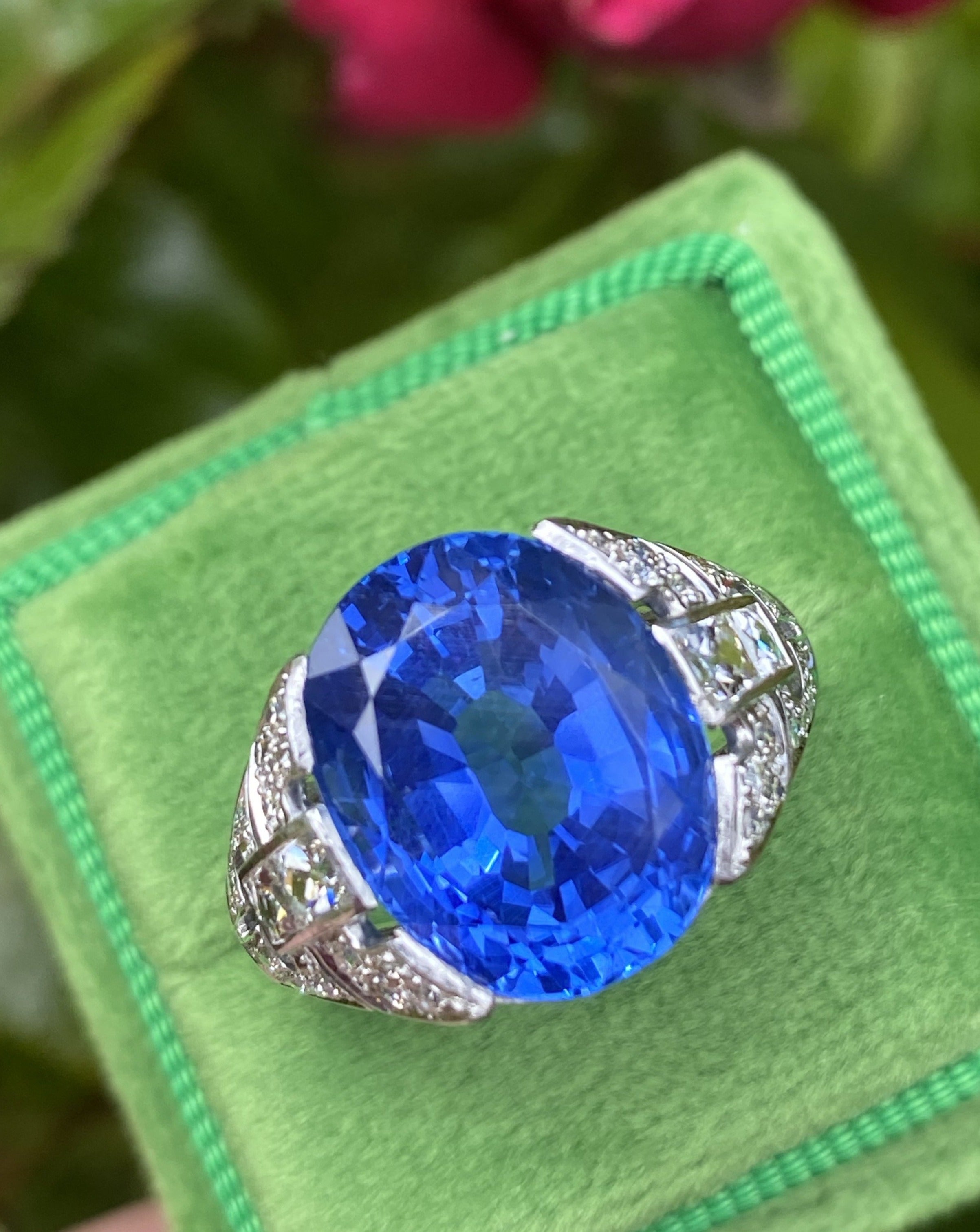 10.05 Carat Certified Unheated Blue Ceylon Sapphire and Diamond Art Deco Ring