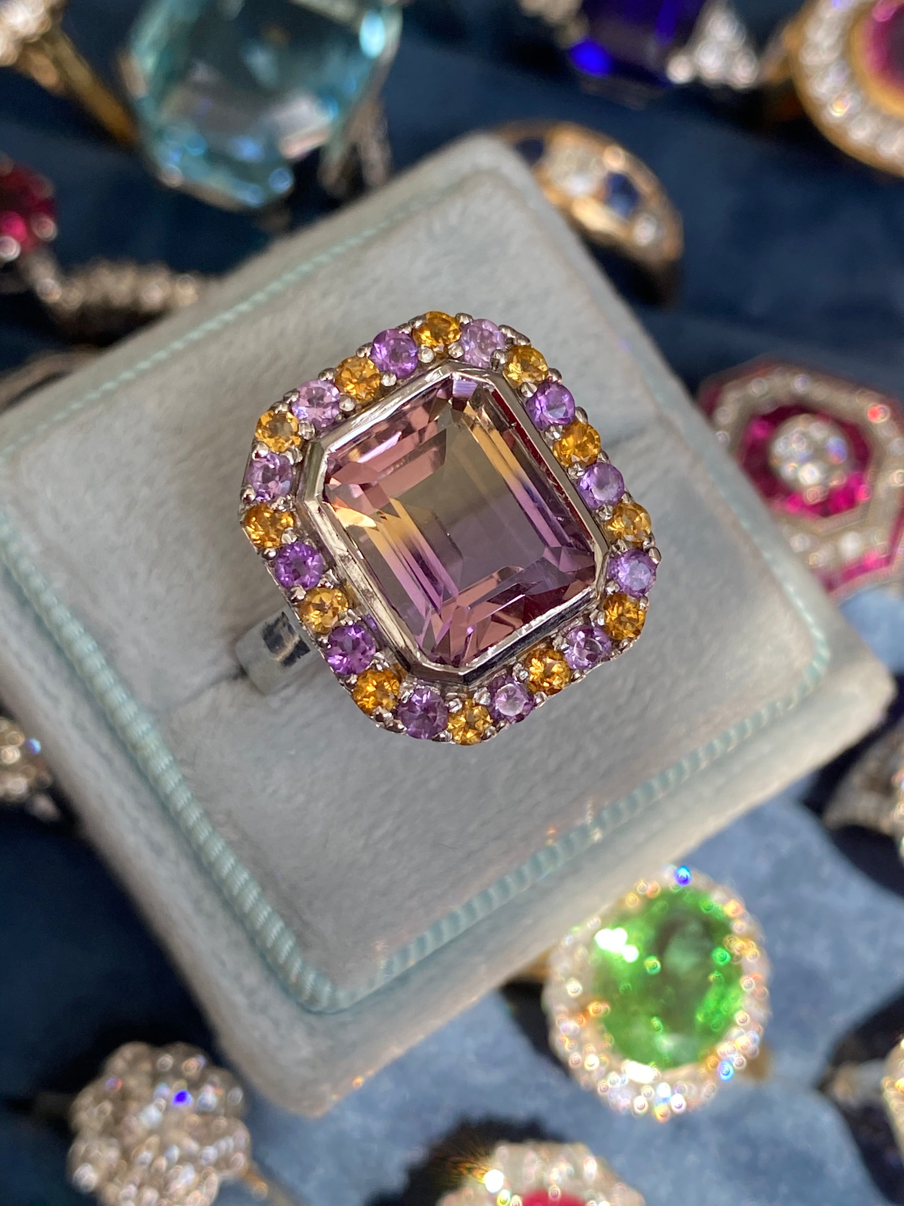 Ametrine Amethyst and Citrine Halo Cocktail Ring in Sterling Silver