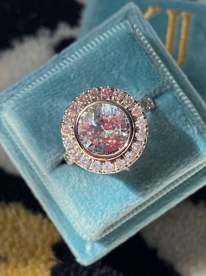 4.62 CTW No Heat White Sapphire and Diamond Halo Engagement Ring in 18ct White Gold