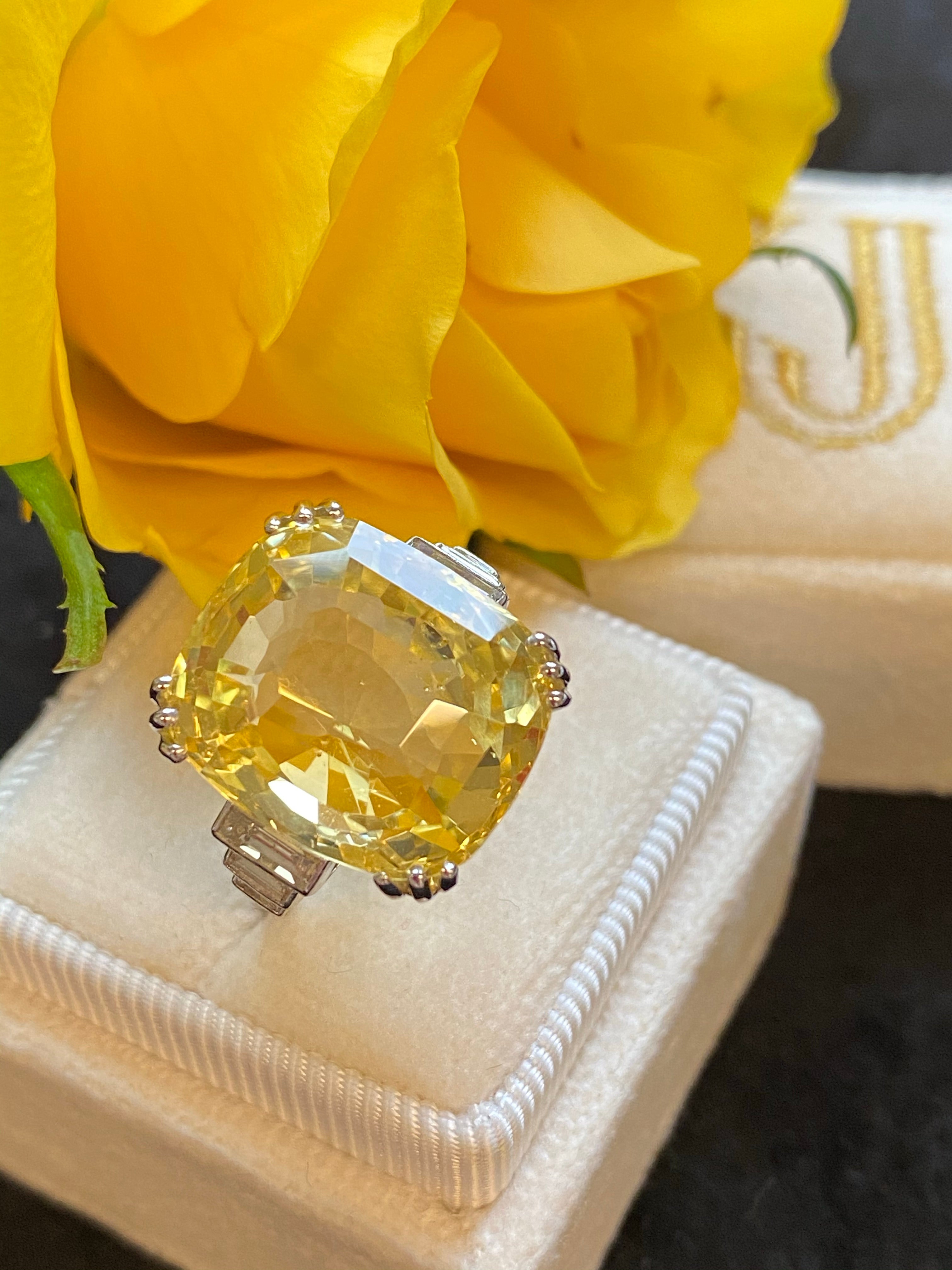 19.60 Carat Certified Unheated Yellow Sapphire and Diamond Art Deco Ring