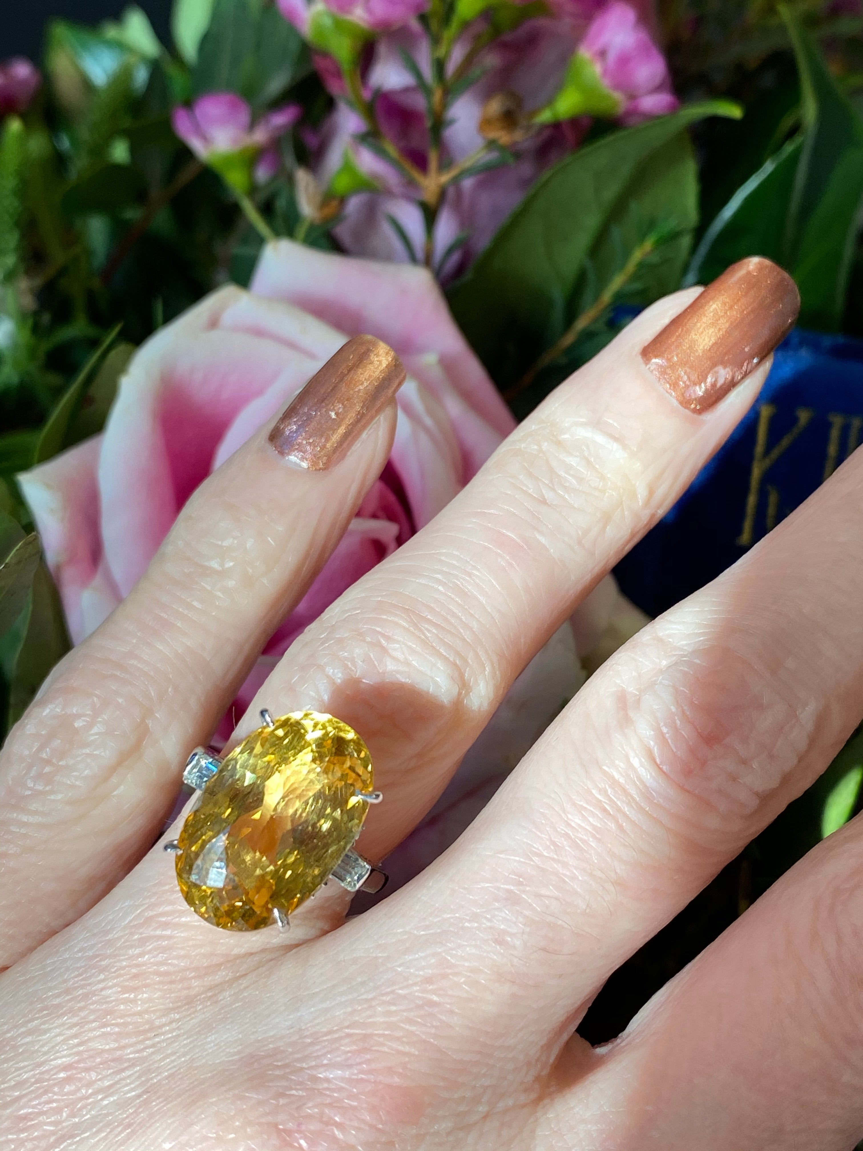 10.08 Carat Oval Cut Golden Heliodor and Diamond Ring in Platinum
