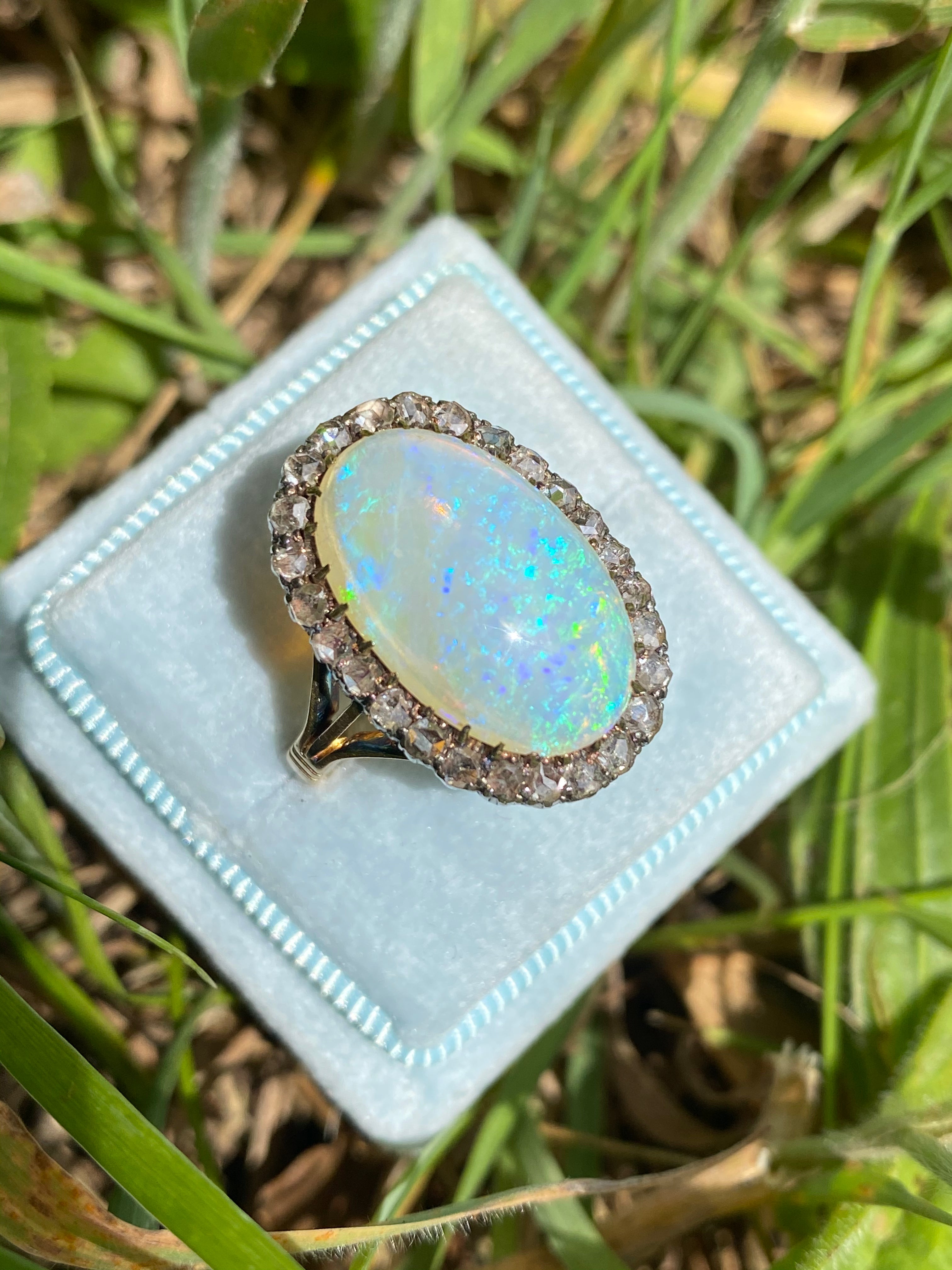 Antique Victorian White Opal and Old Euro Cut Diamond halo cocktail ring in Gold 