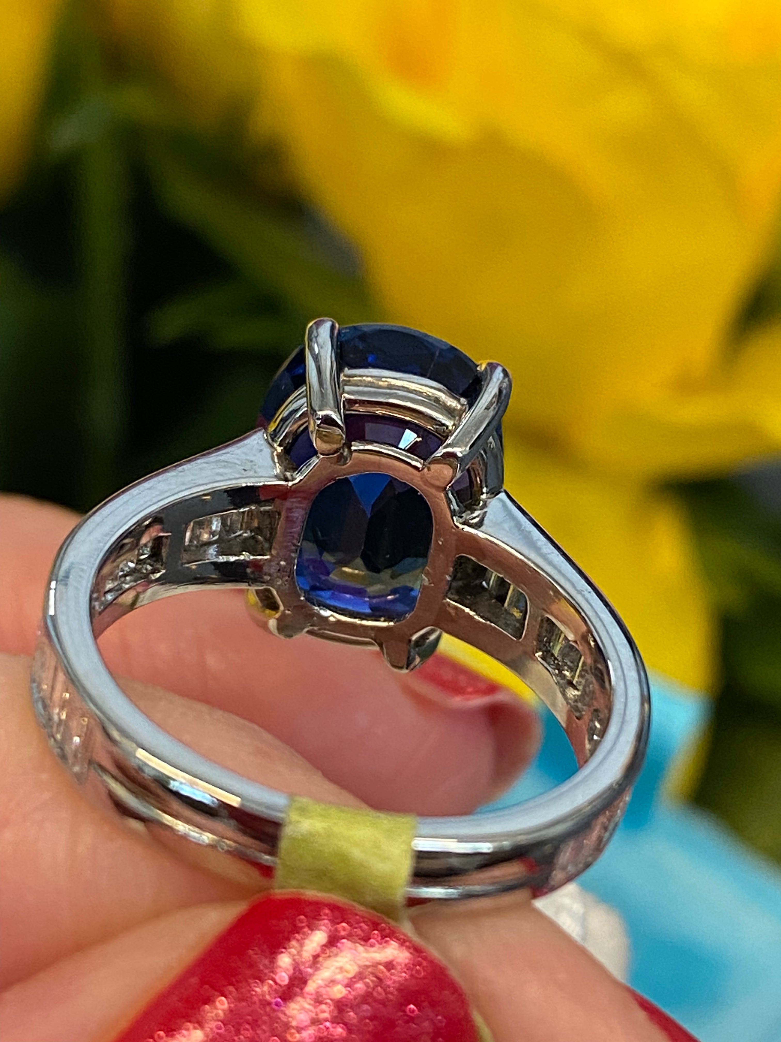 Oval Cut Blue Ceylon Sapphire Unheated and Diamond Art Deco Style Engagement Ring in Platinum 