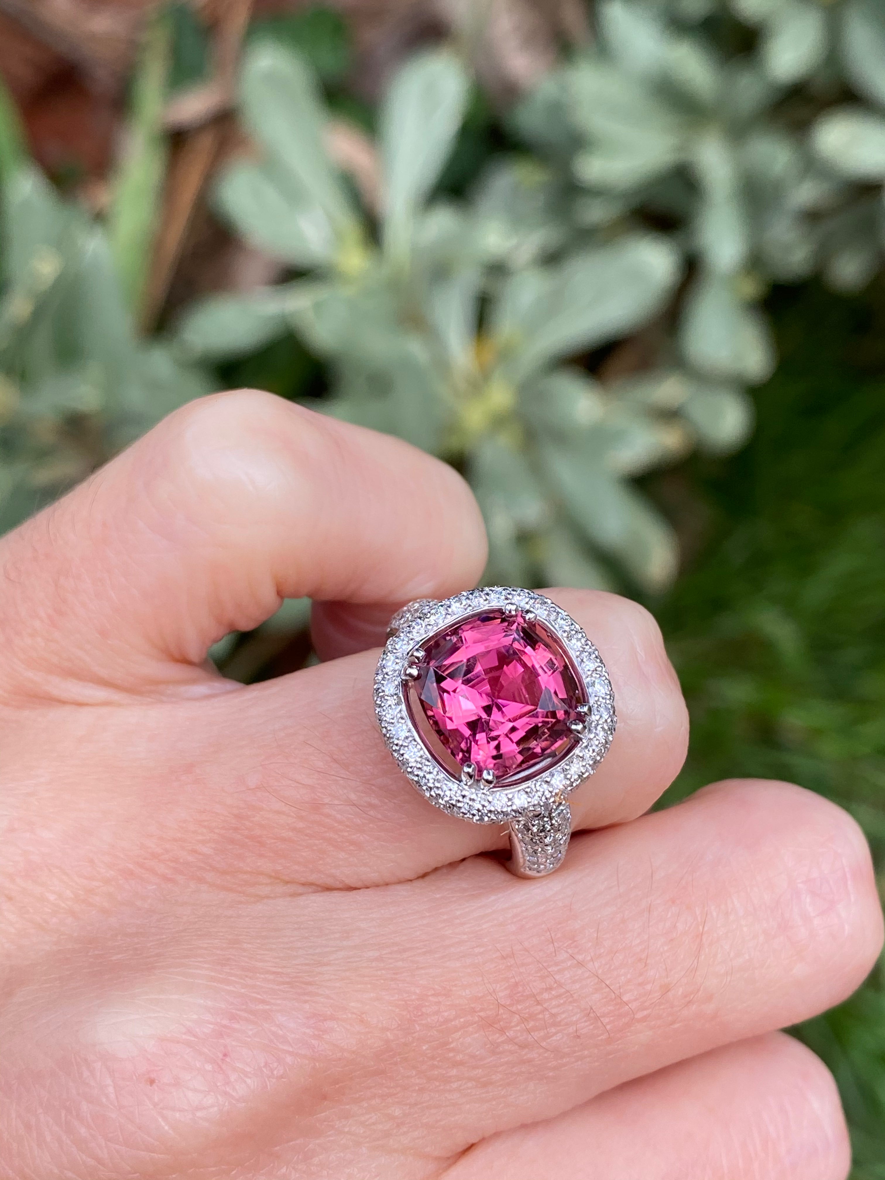 7.50 CTW Cushion Cut Pink Tourmaline and Diamond Halo Ring in 18ct White Gold