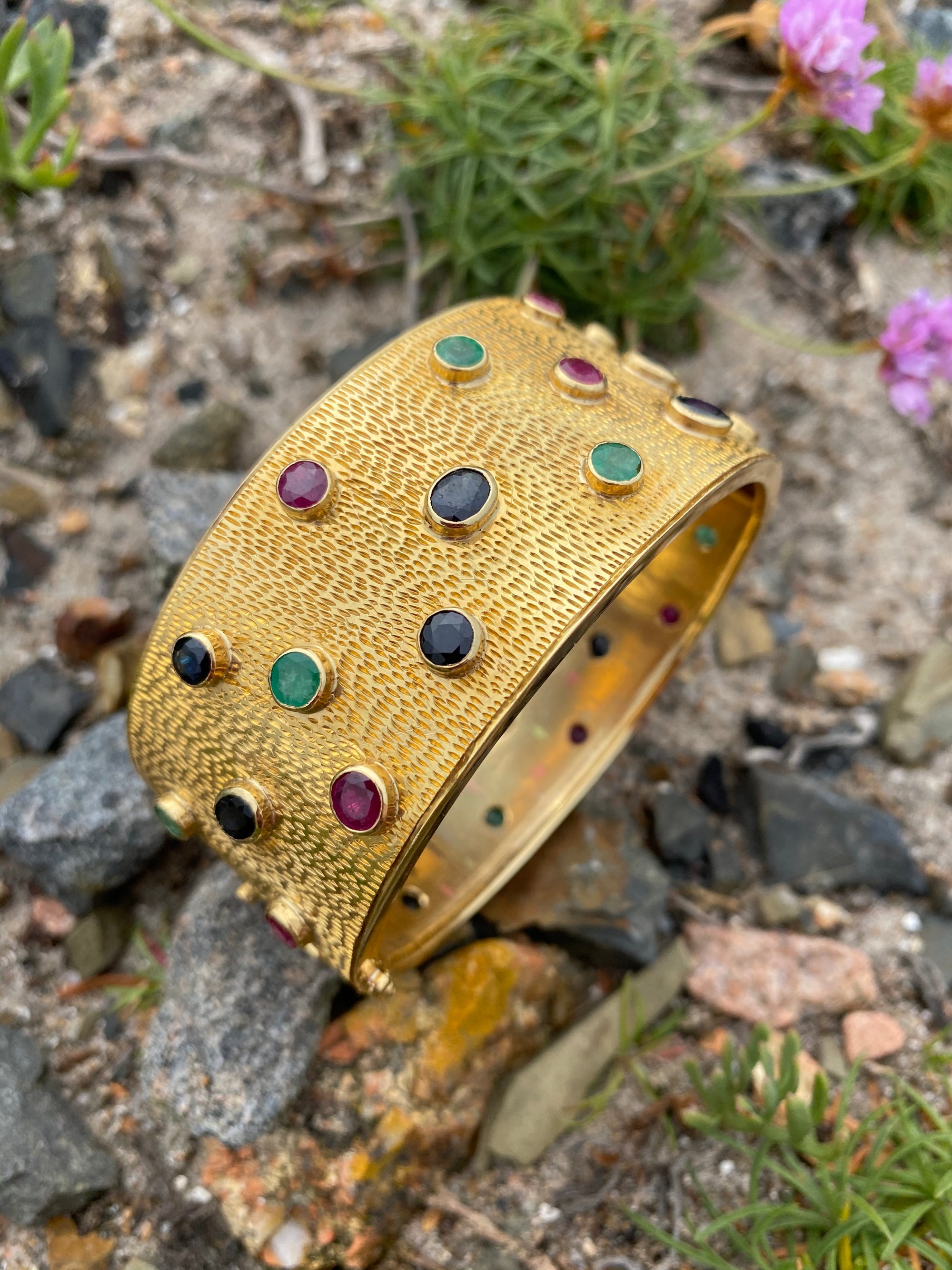 Vintage Ruby, Blue Sapphire and Emerald Cuff Bracelet in 18ct Yellow Gold