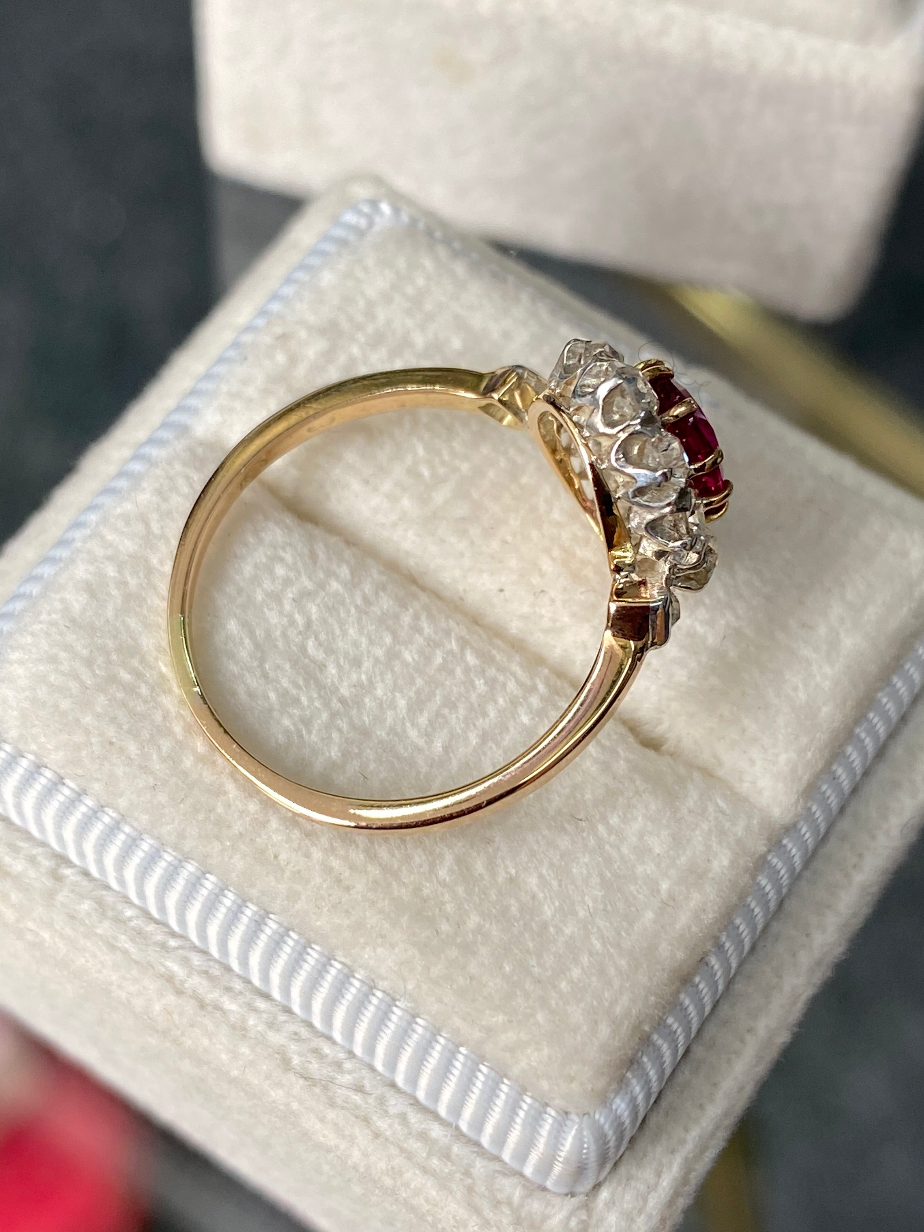 1.18 Carat Antique Ruby and Diamond Halo Engagement Ring in 18ct Yellow Gold