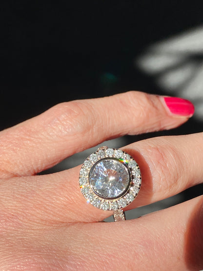 4.62 CTW No Heat White Sapphire and Diamond Halo Engagement Ring in 18ct White Gold