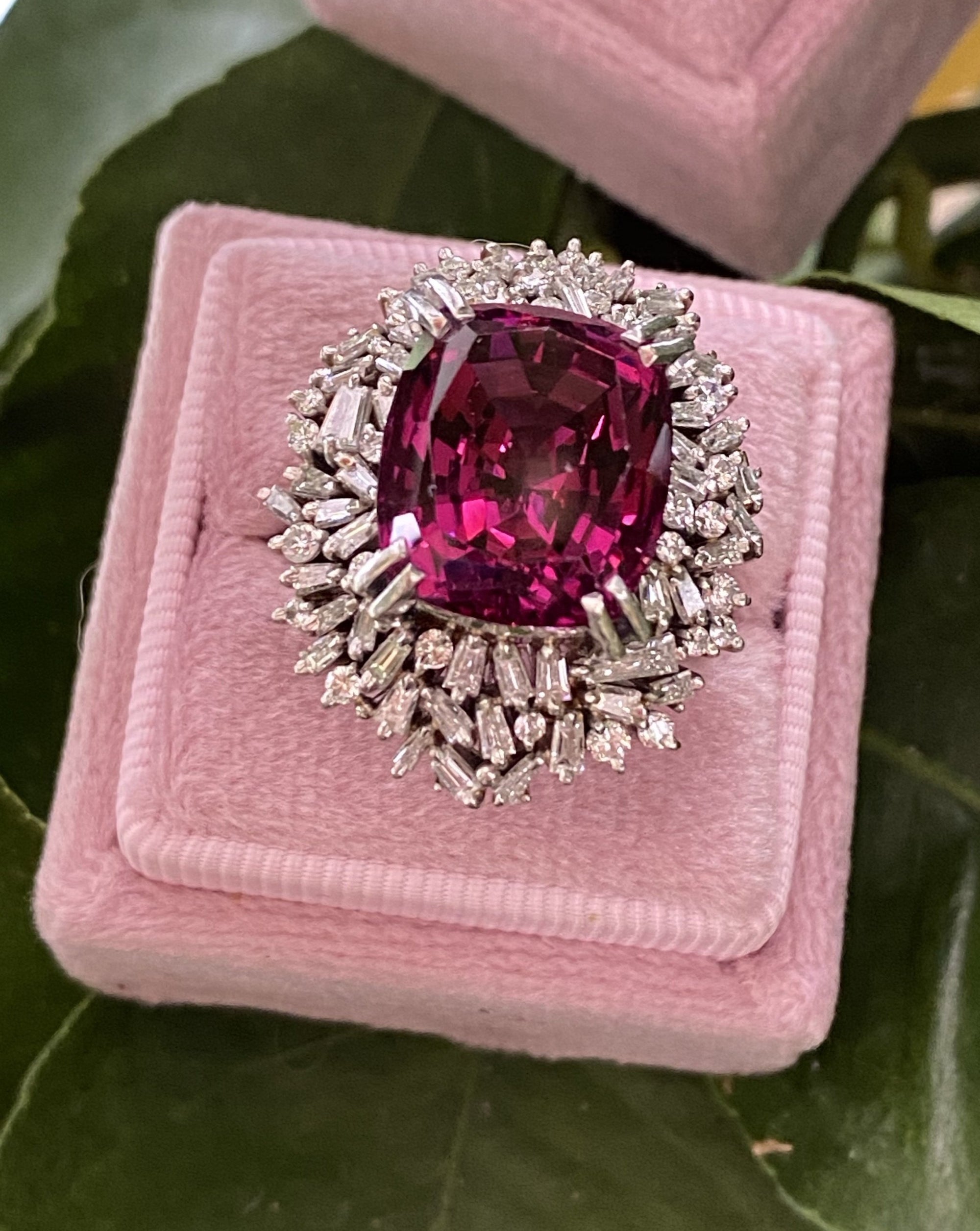 15 Carat Vintage Rhodolite Garnet and Diamond Halo Cocktail Ring in Platinum 