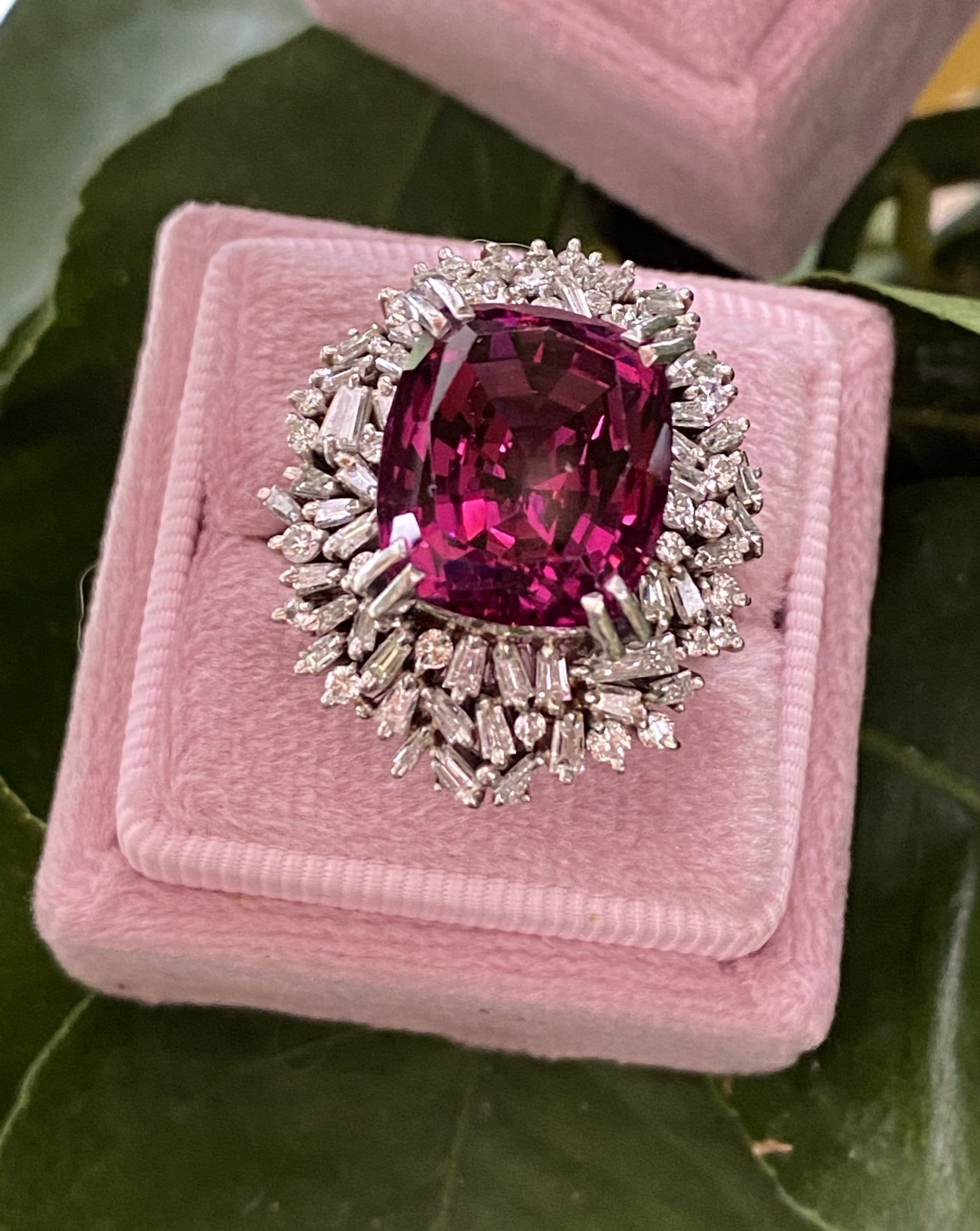15 Carat Vintage Rhodolite Garnet and Diamond Halo Cocktail Ring in Platinum 