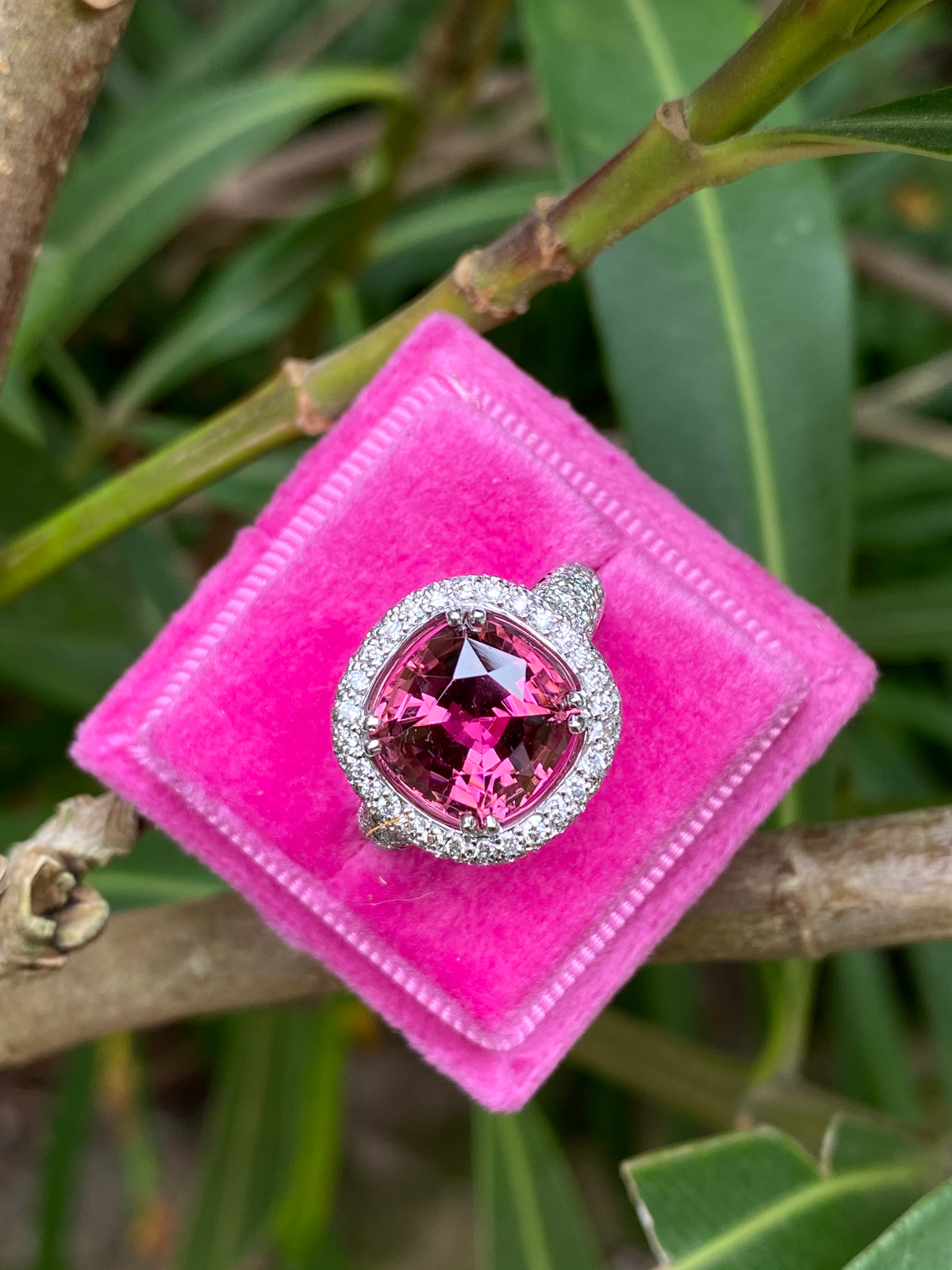 7.50 CTW Cushion Cut Pink Tourmaline and Diamond Halo Ring in 18ct White Gold