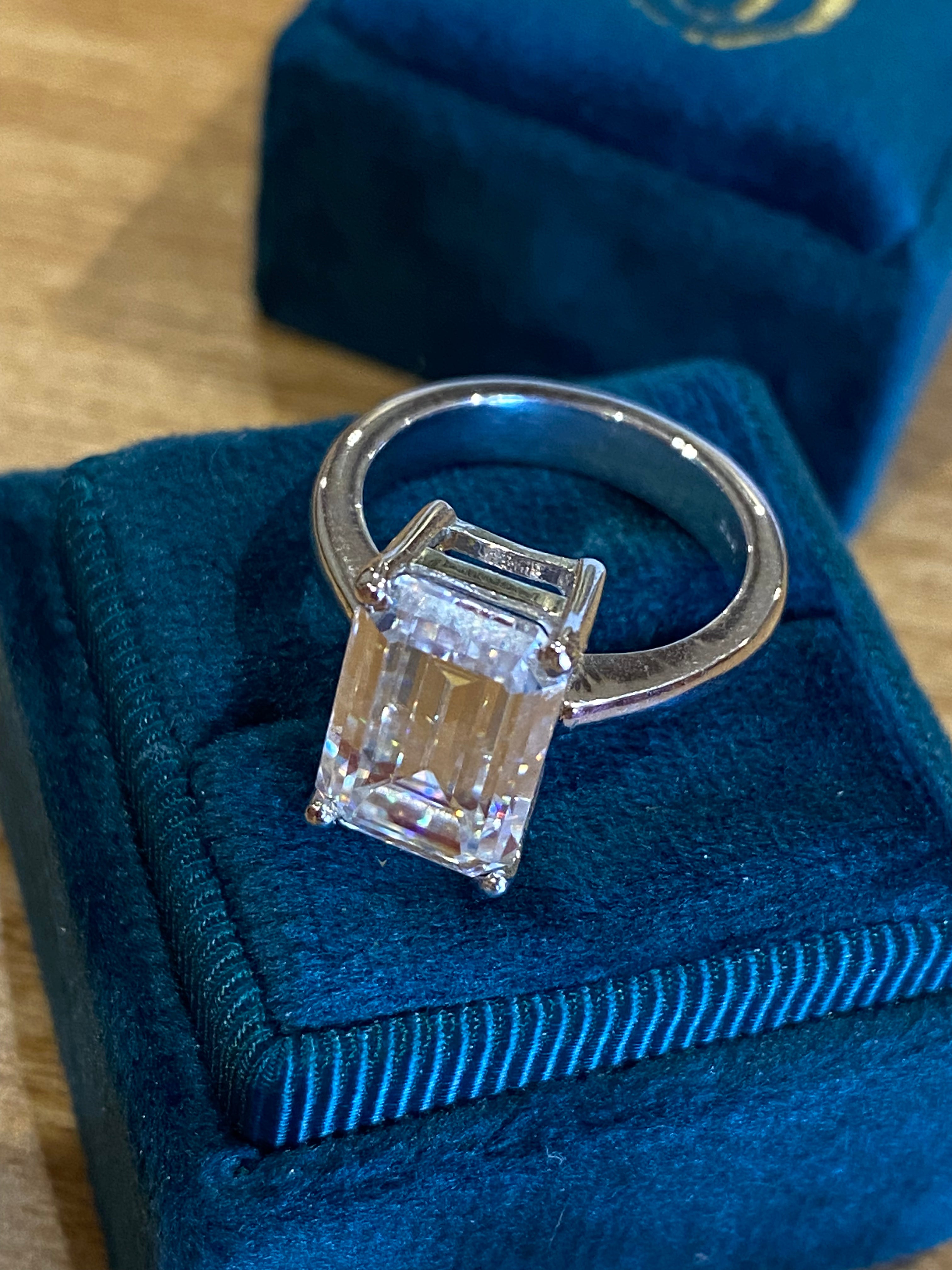 5 Carat Emerald Cut Moissanite Engagement Ring in Sterling Silver Katherine James Jewellery 