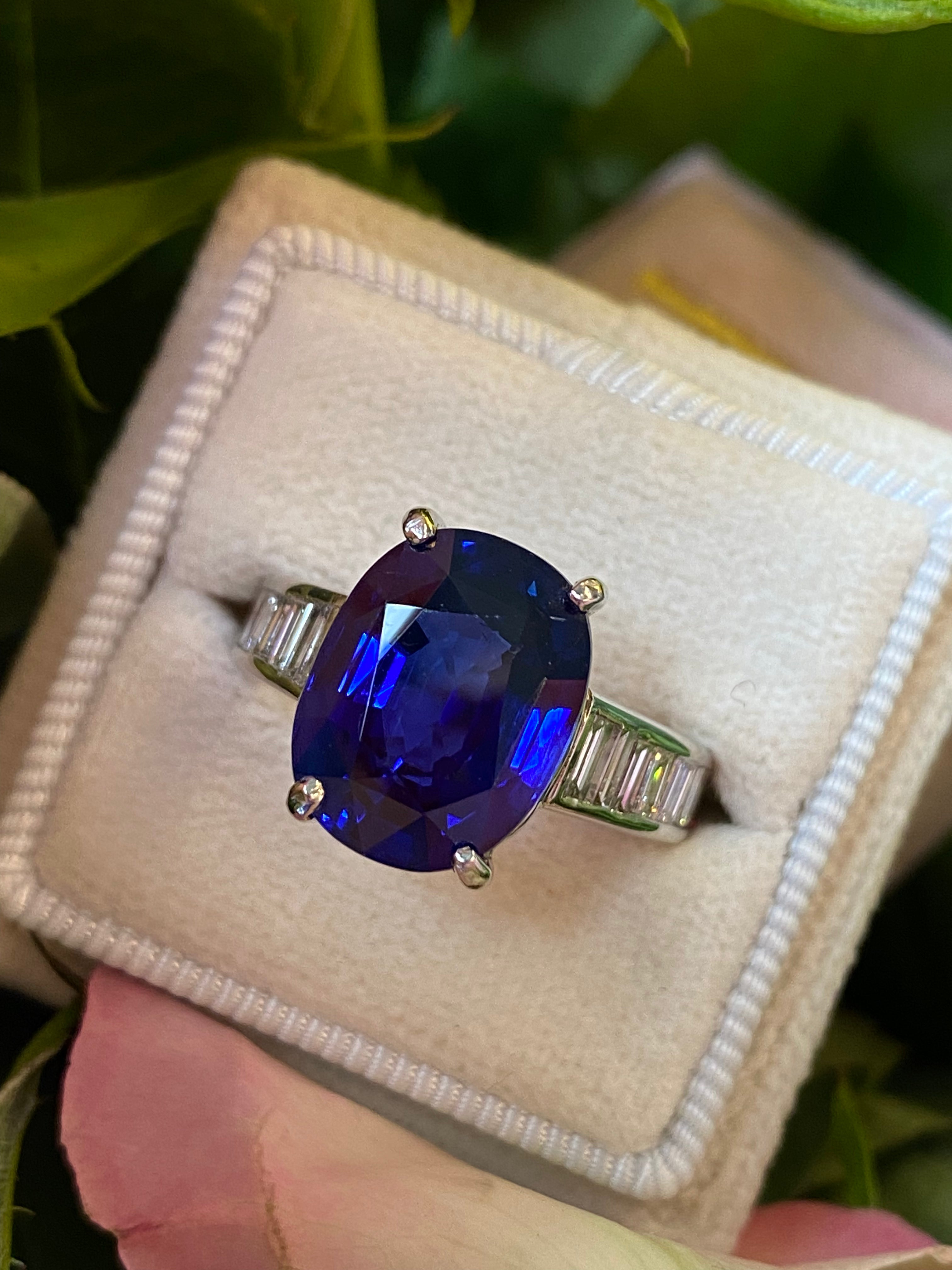 Oval Cut Blue Ceylon Sapphire Unheated and Diamond Art Deco Style Engagement Ring in Platinum 