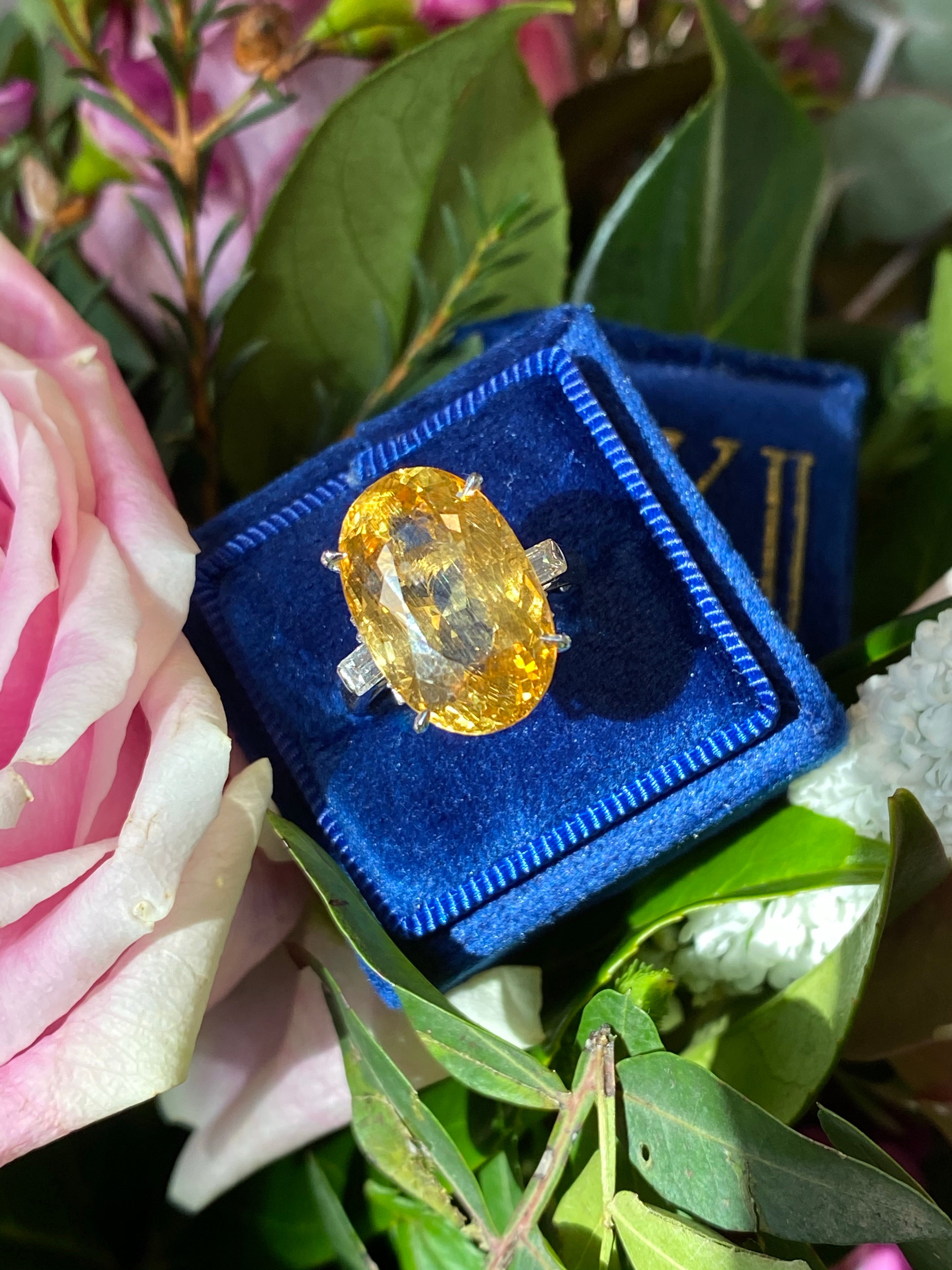 10.08 Carat Oval Cut Golden Heliodor and Diamond Ring in Platinum
