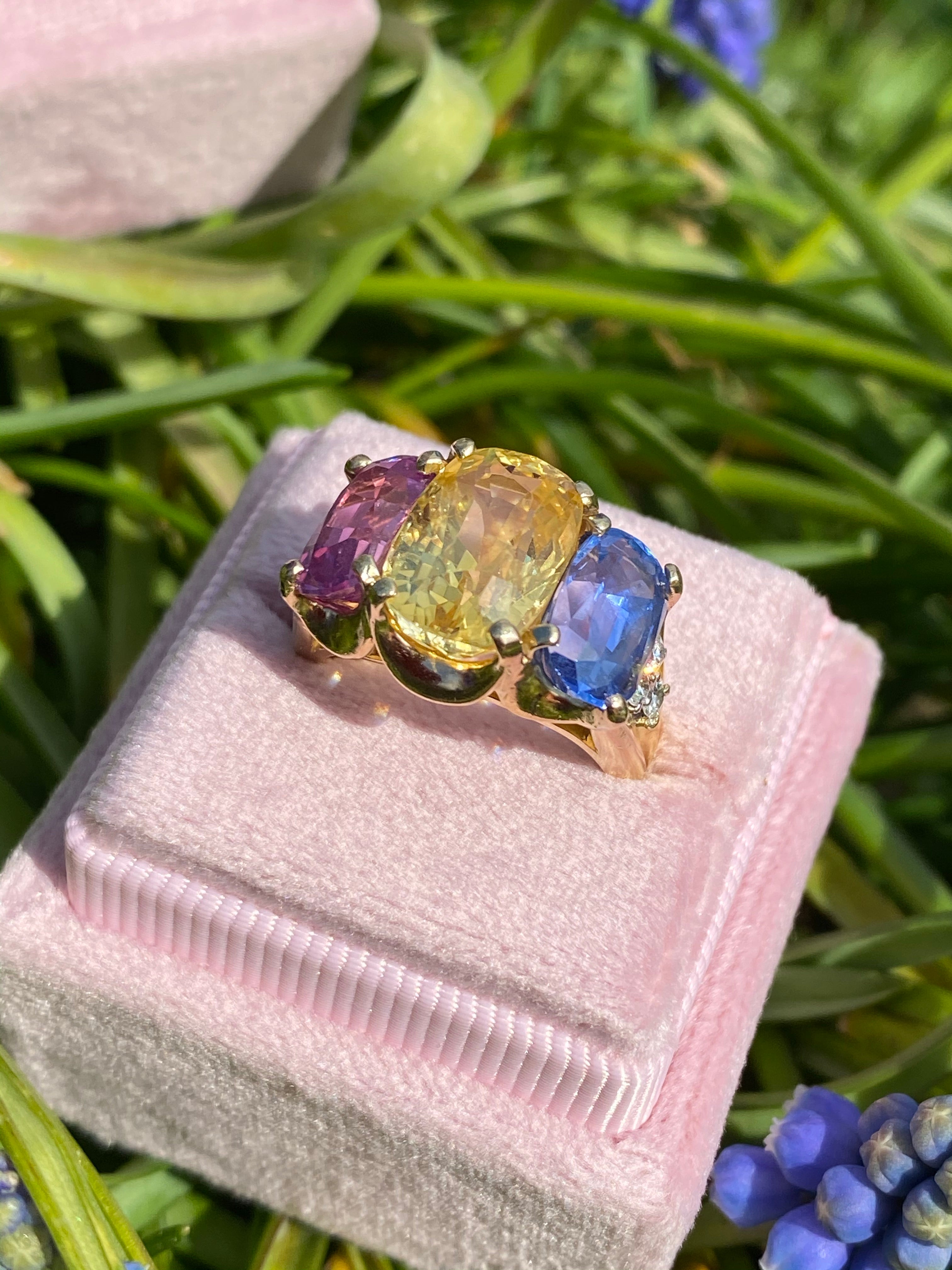 11.94 CTW No Heat Yellow, Blue and Pink Sapphire Trilogy Ring in 18ct Yellow Gold