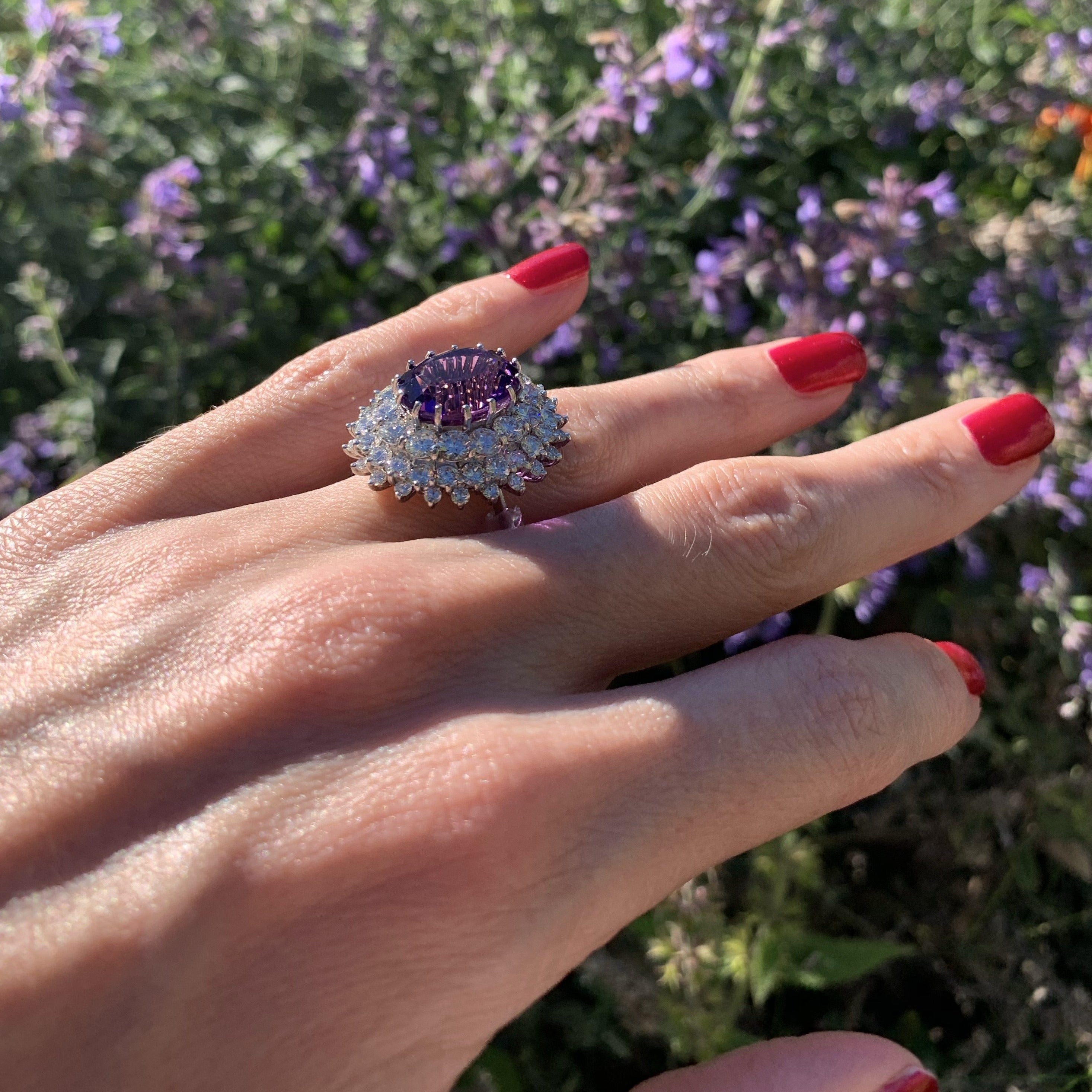 7.30 Carat Oval Cut Amethyst and Diamond Halo Ring in 18ct White Gold