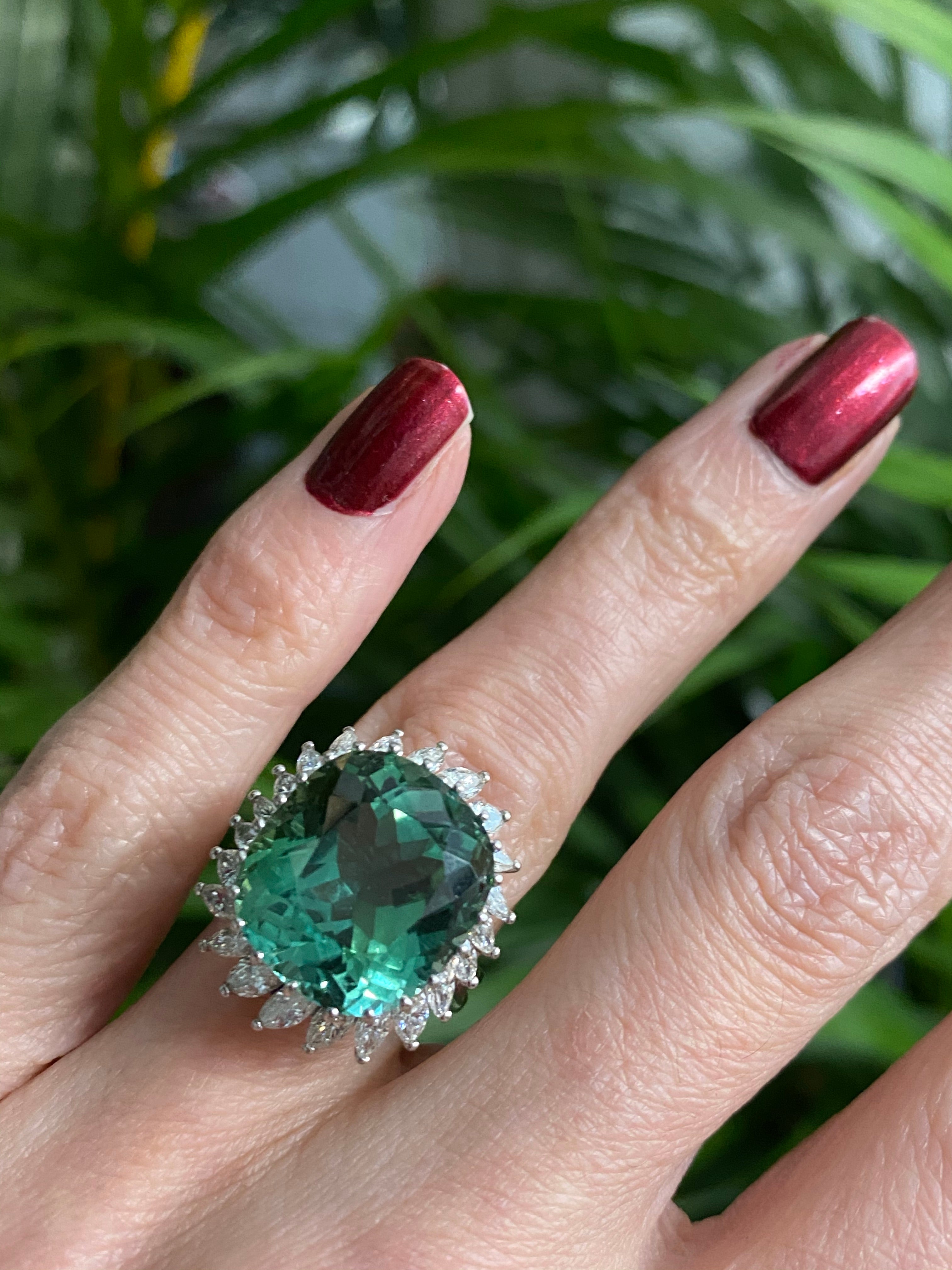 15.98 CTW Cushion Cut Green Tourmaline and Diamond Halo Ring in 18ct White Gold