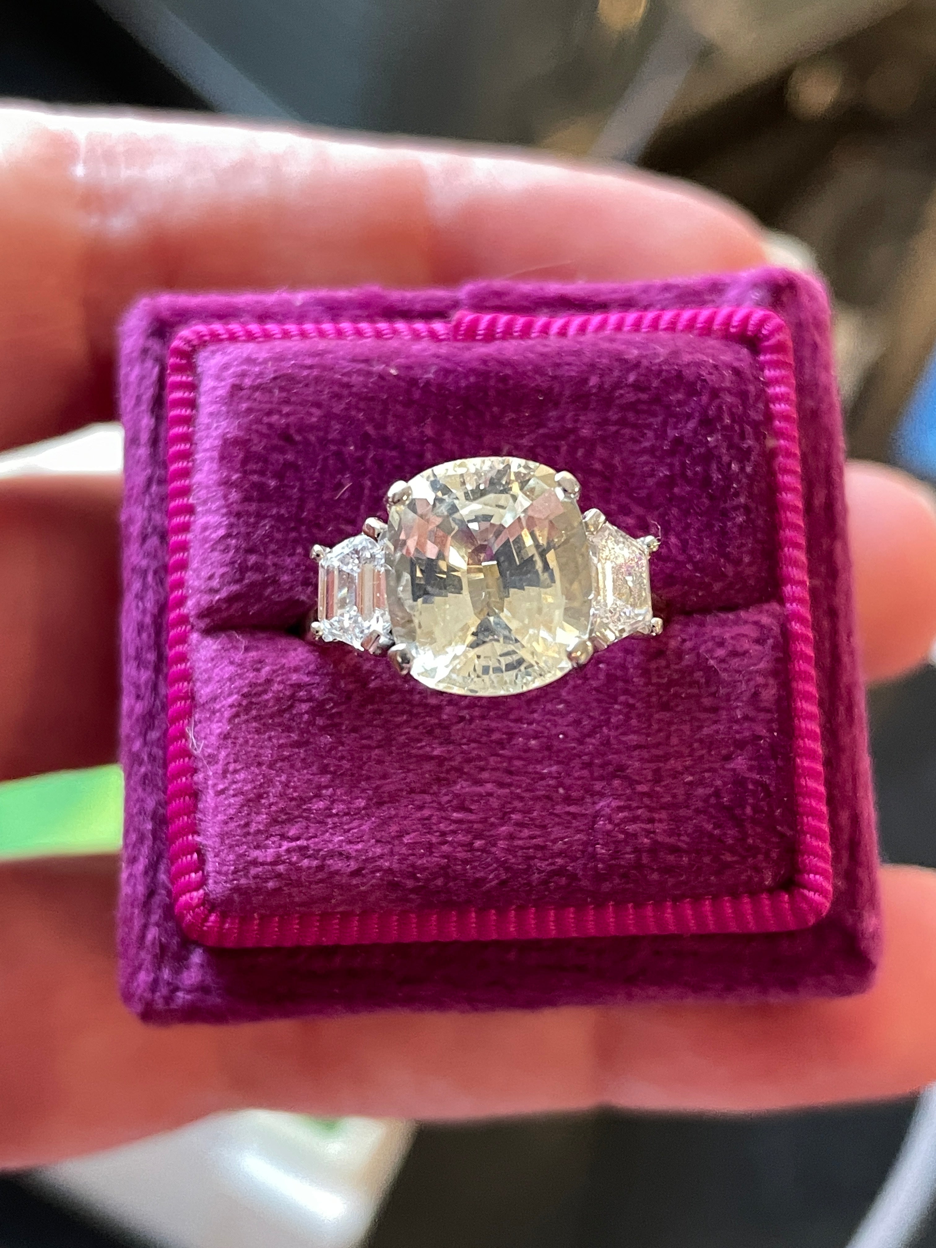 4.21 Carat Yellow Sapphire and Diamond Three Stone Ring in 18ct Yellow Gold
