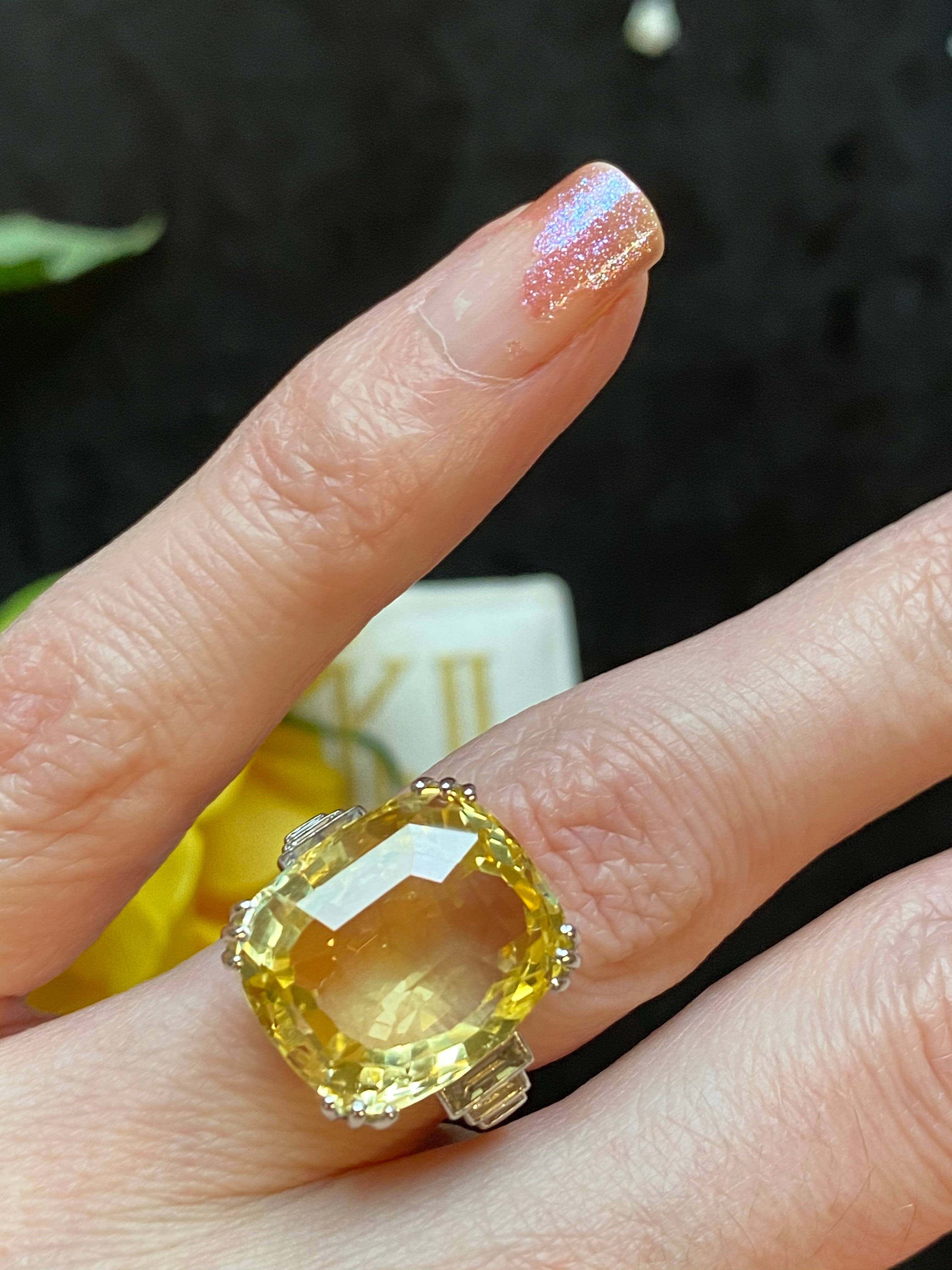 19.60 Carat Certified Unheated Yellow Sapphire and Diamond Art Deco Ring