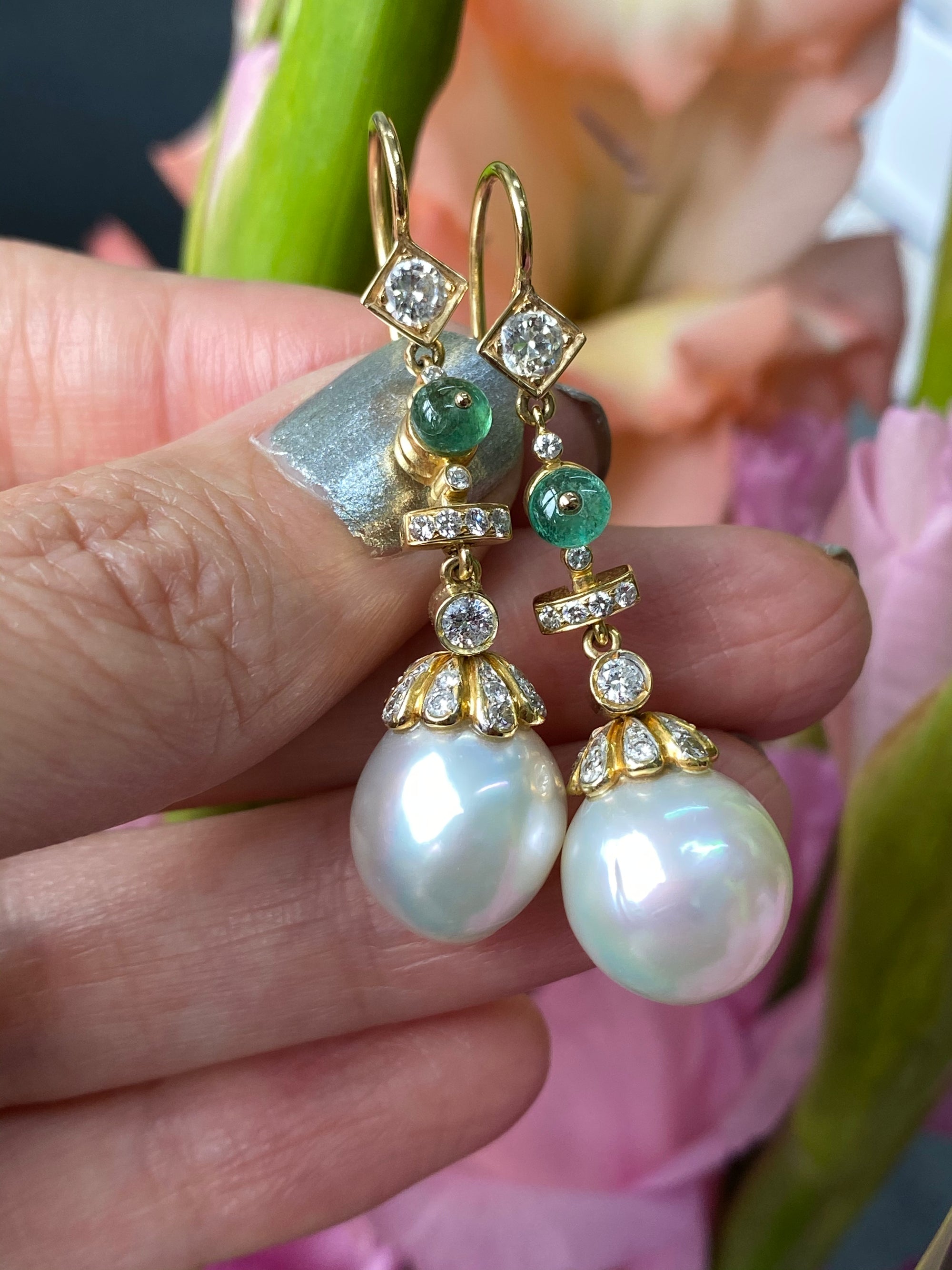 Diamond, Emerald and South Sea Pearl Drop Earrings in 18ct Yellow Gold